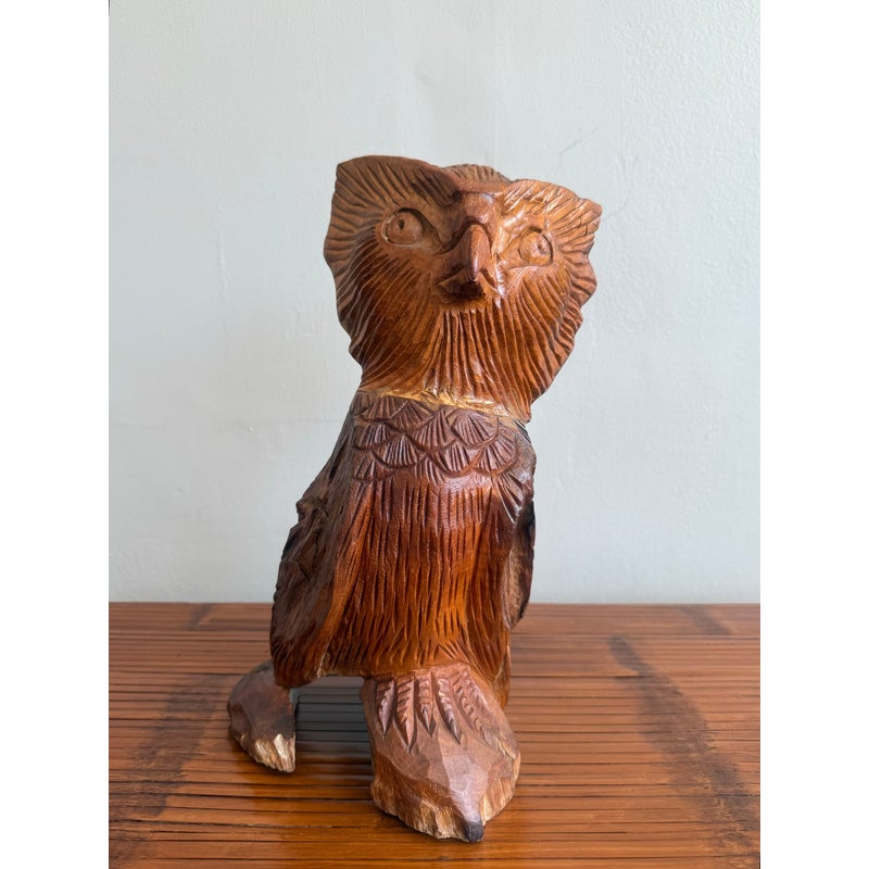 Boho Hand-Carved Wooden Owl Sculpture - Top view