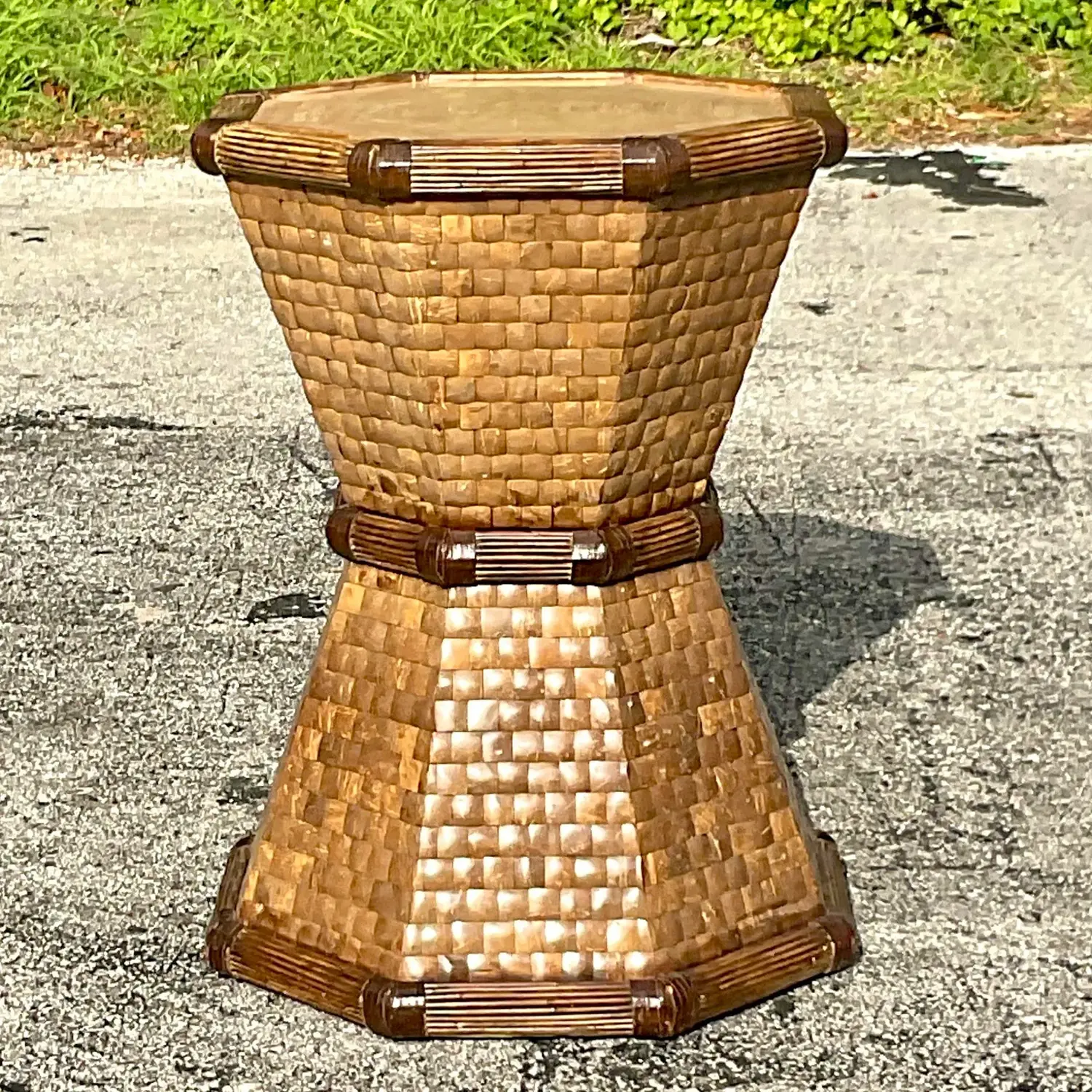 Boho Style Tessellated Coconut Shell Table Pedestal - Back view