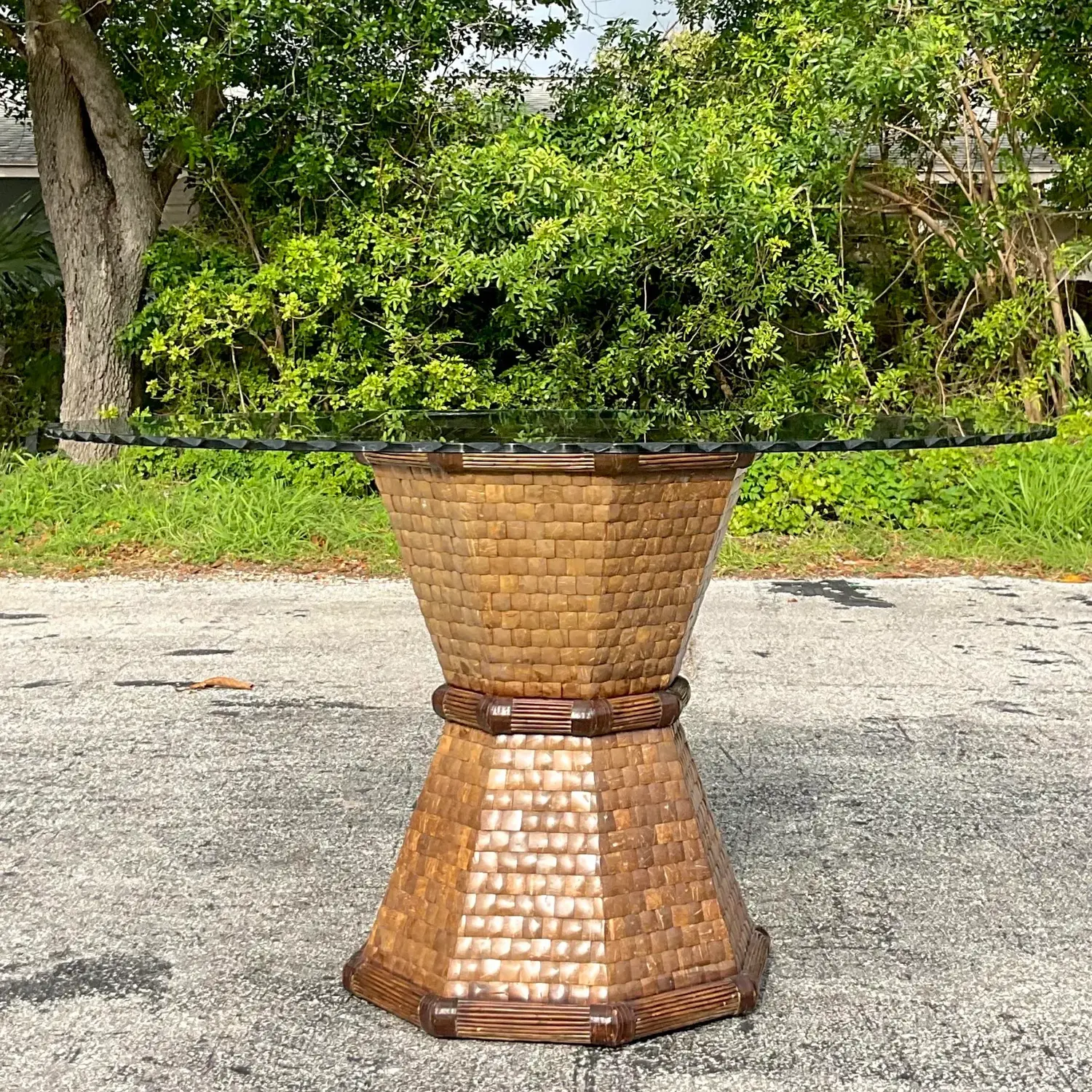Boho Style Tessellated Coconut Shell Table Pedestal - Top view