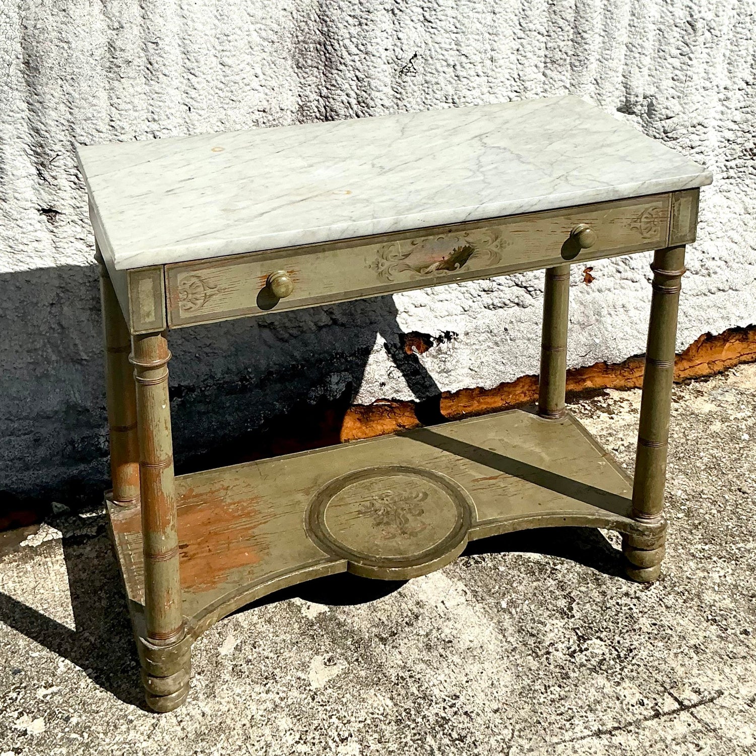 Vintage Regency Hand Painted Crest Stone Top Table - Back view