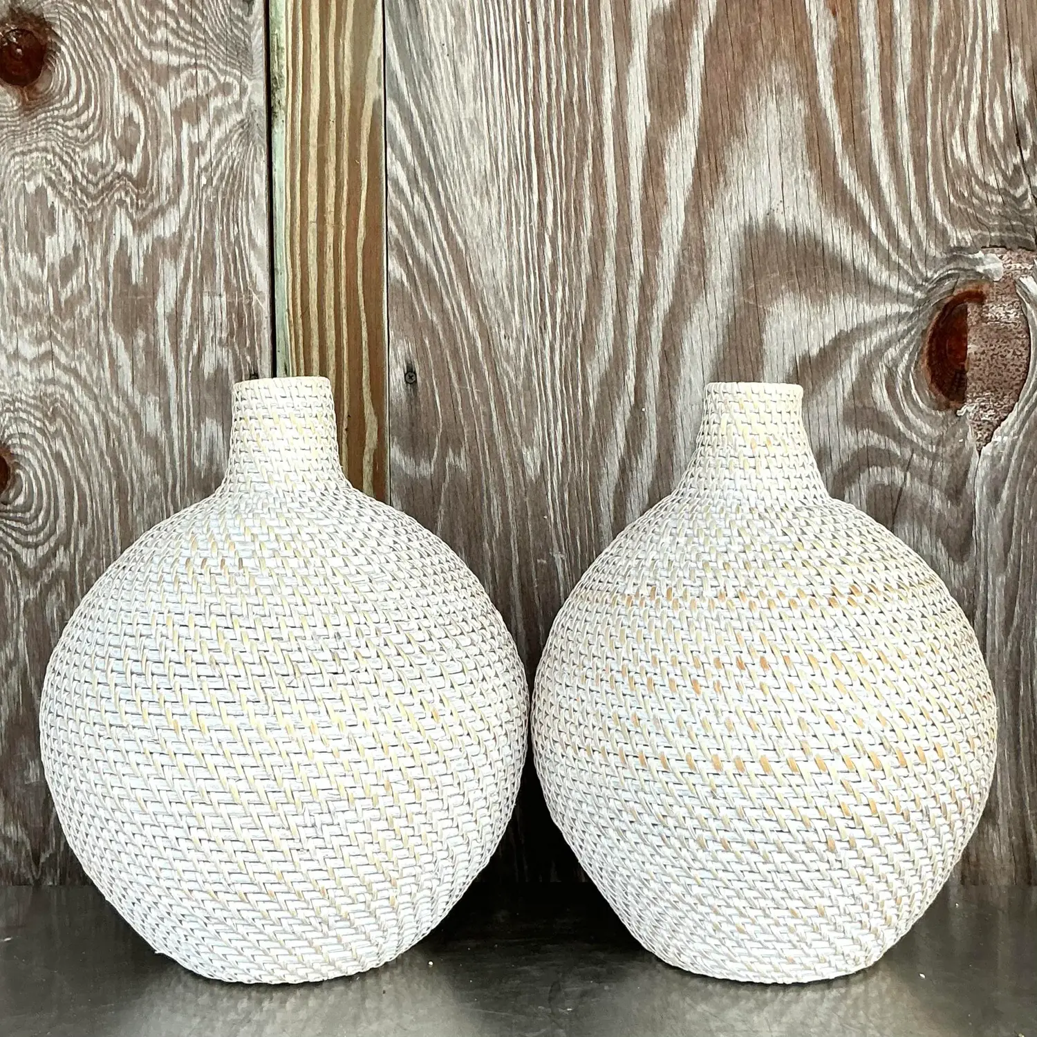 Contemporary Woven Rattan “”Octavia” Urn After Made Goods - a Pair - Side view