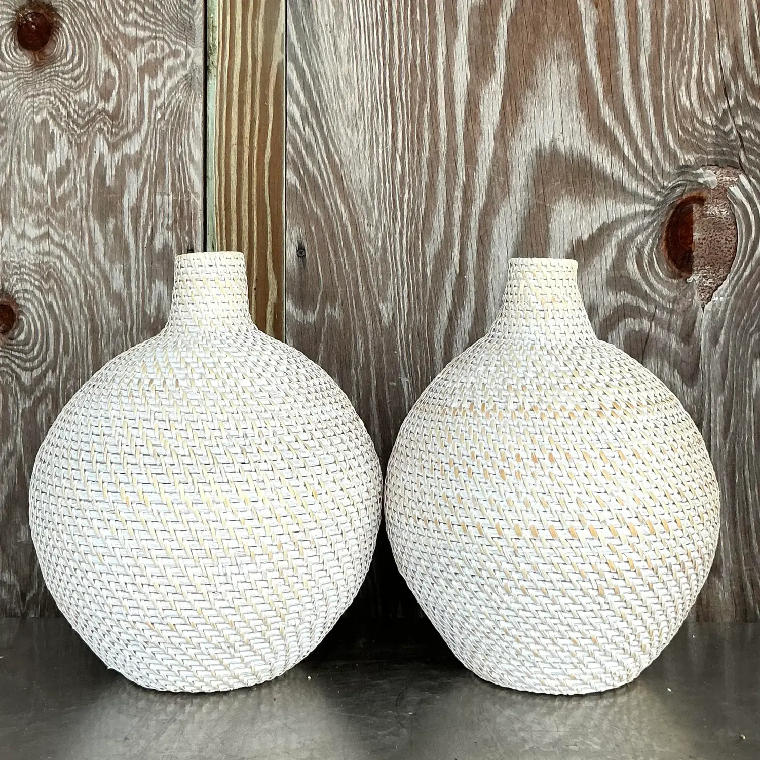 Contemporary Woven Rattan “”Octavia” Urn After Made Goods - a Pair - Top view