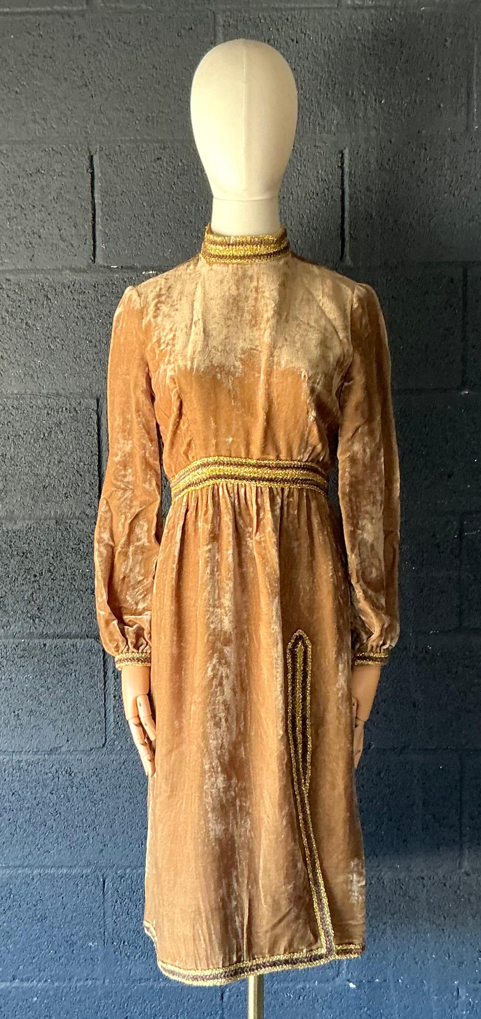 Vintage 1960s Oscar de la Renta Velvet Golden Bishop Sleeve Dress - Side view
