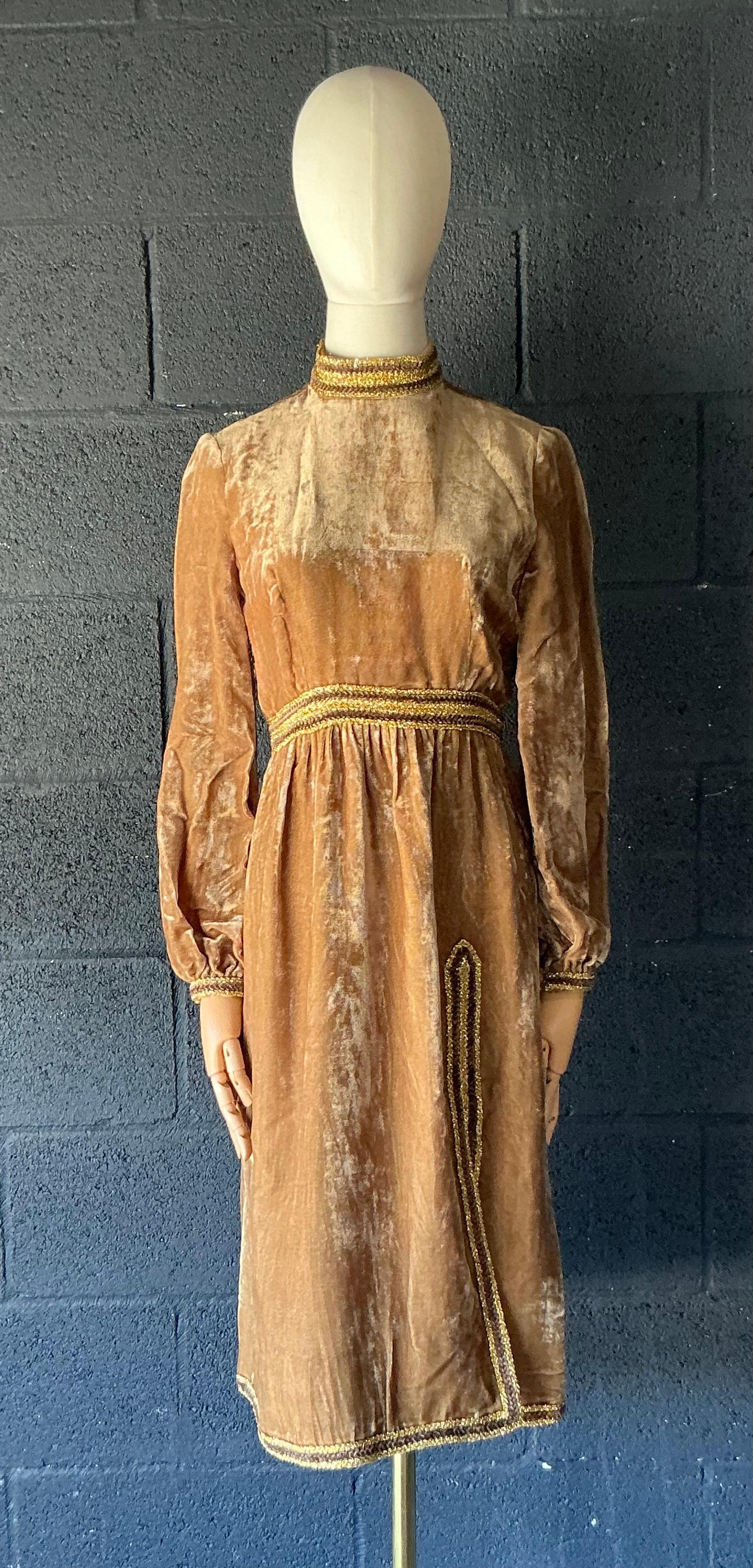 Vintage 1960s Oscar de la Renta Velvet Golden Bishop Sleeve Dress - Back view
