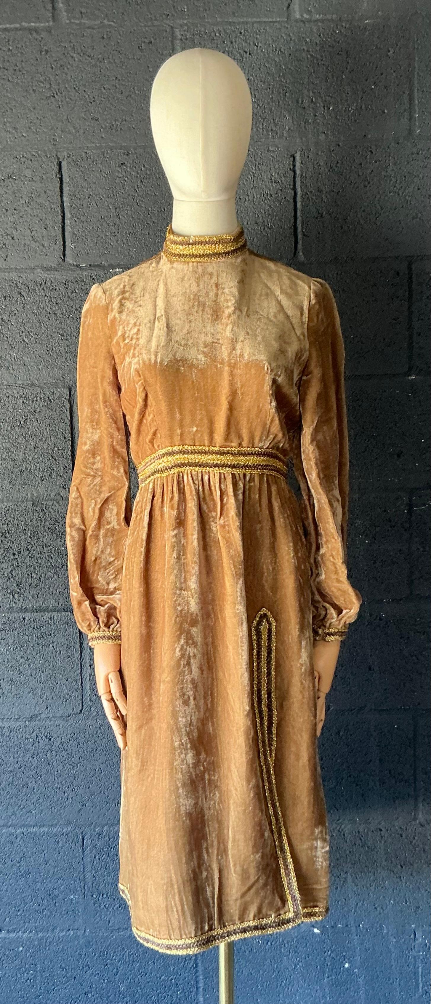 Vintage 1960s Oscar de la Renta Velvet Golden Bishop Sleeve Dress - Top view