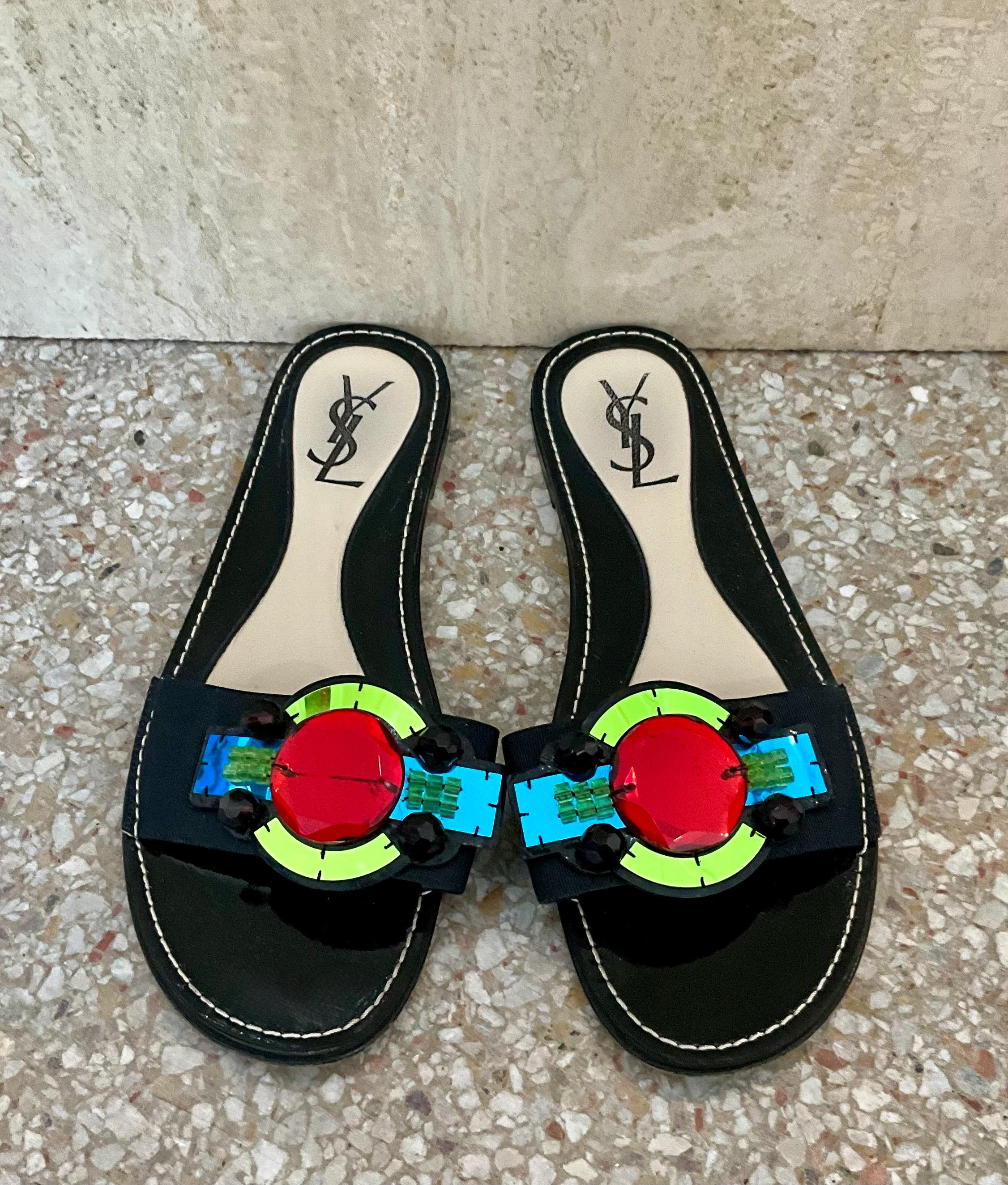 Vintage YSL Paris Black Gem Embellished Sandal - Detail view
