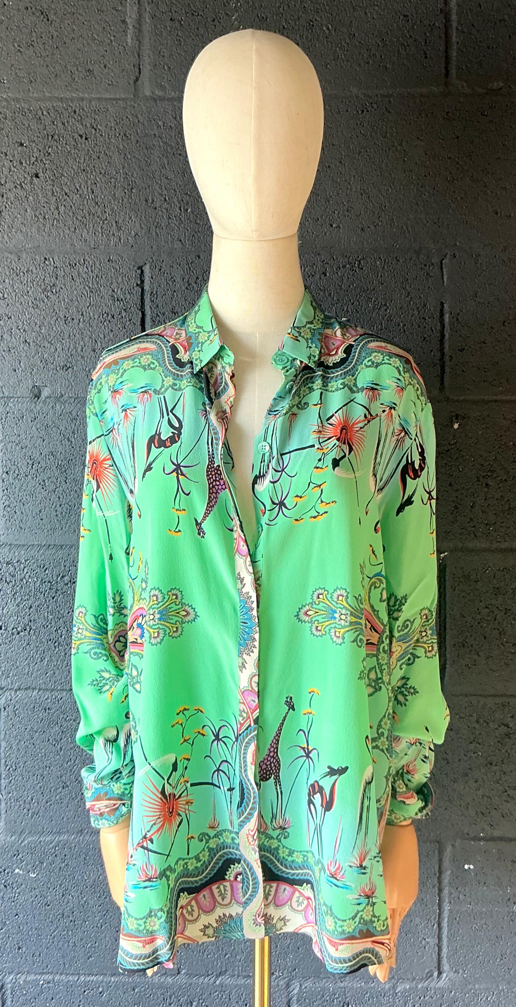 Vintage Etro Green Bird Silk Blouse - Detail view