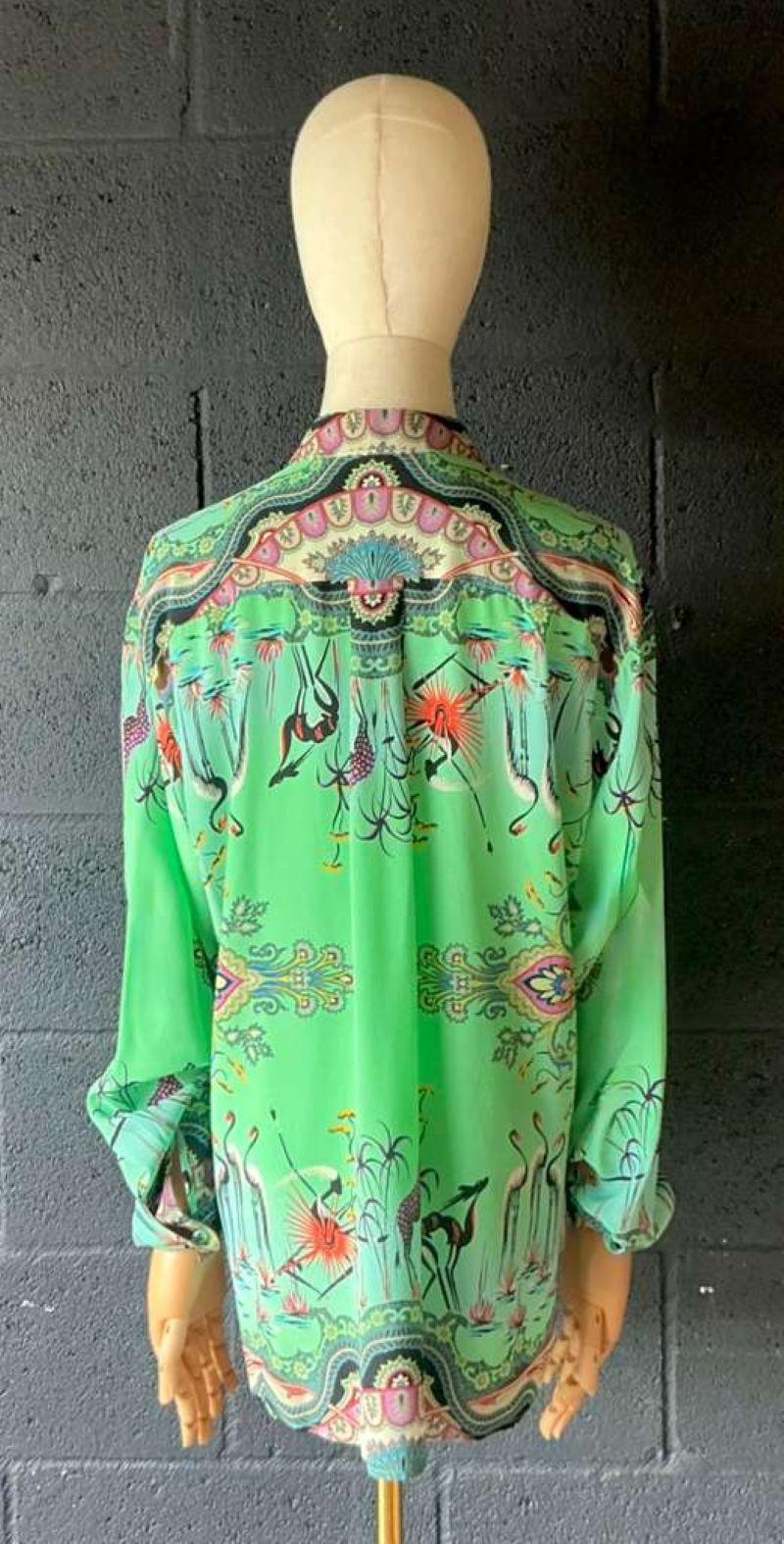Vintage Etro Green Bird Silk Blouse - Side view
