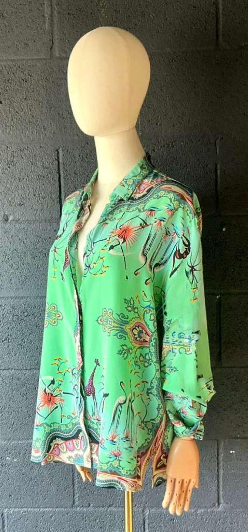 Vintage Etro Green Bird Silk Blouse - Back view