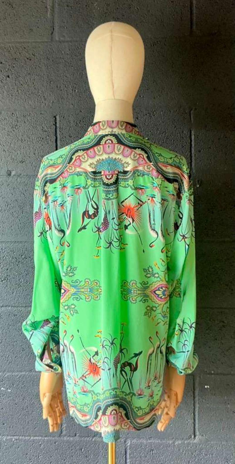 Vintage Etro Green Bird Silk Blouse - Top view
