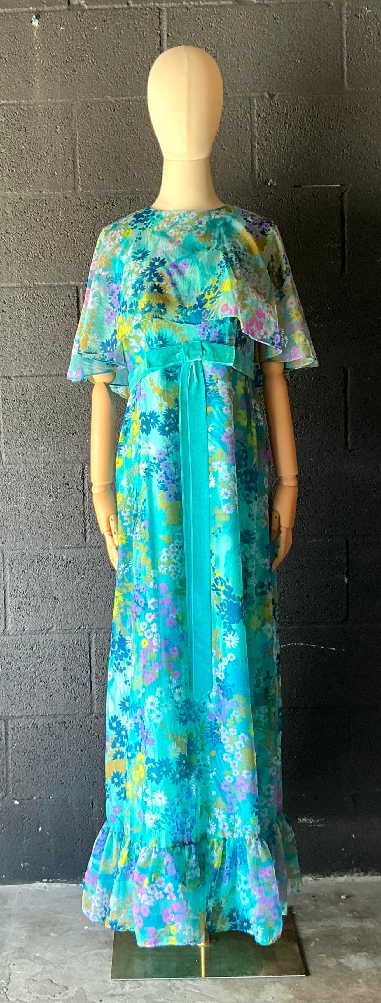 Vintage Blue Floral Dress with Bow - Back view