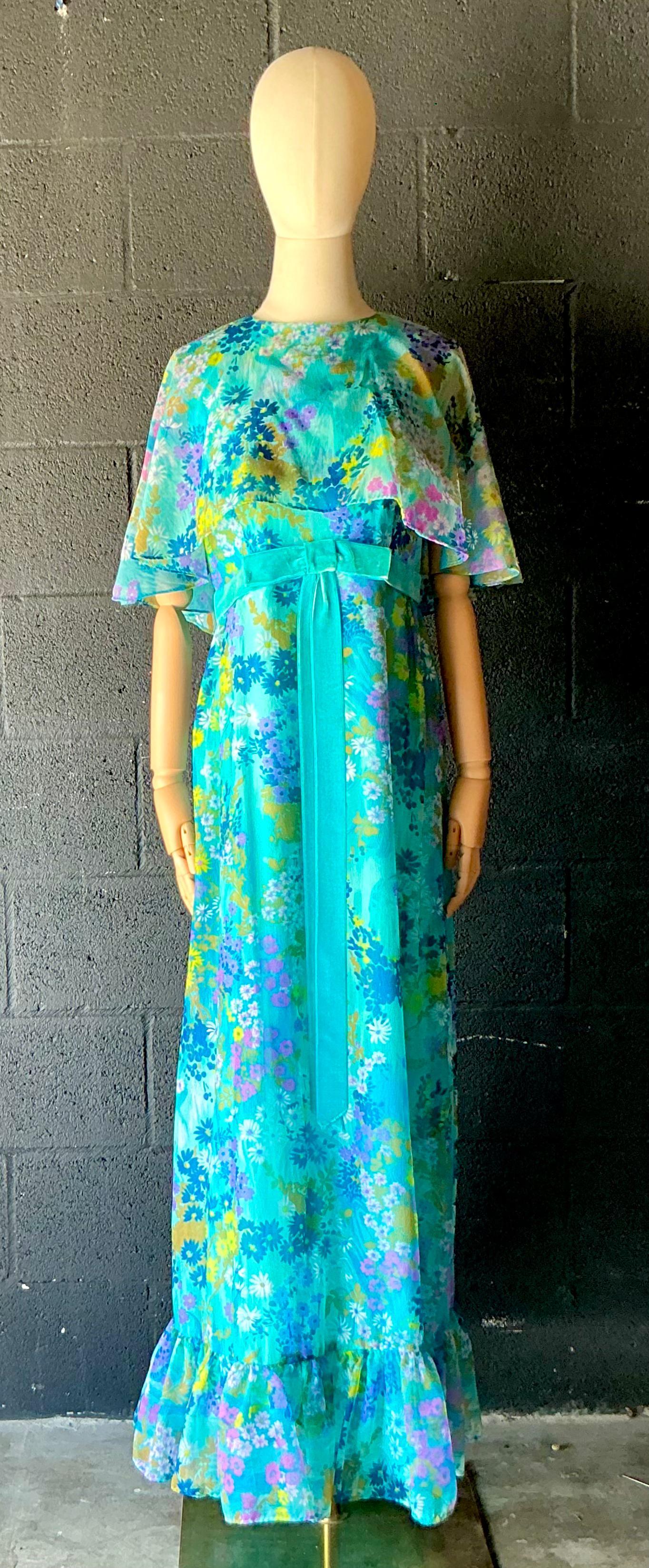 Vintage Blue Floral Dress with Bow - Top view