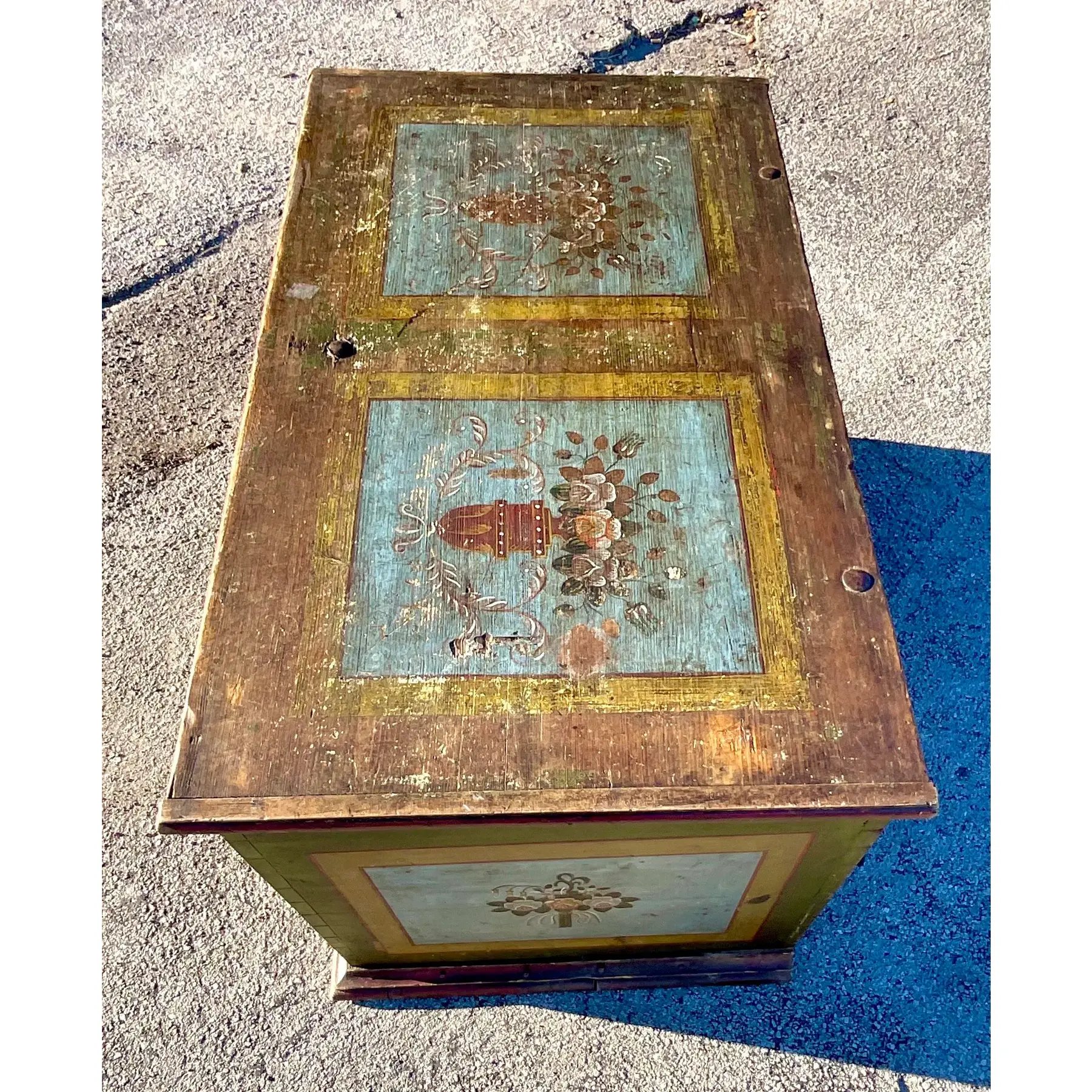 Vintage Rustic Norwegian Hand Painted Blanket Chest - Top view