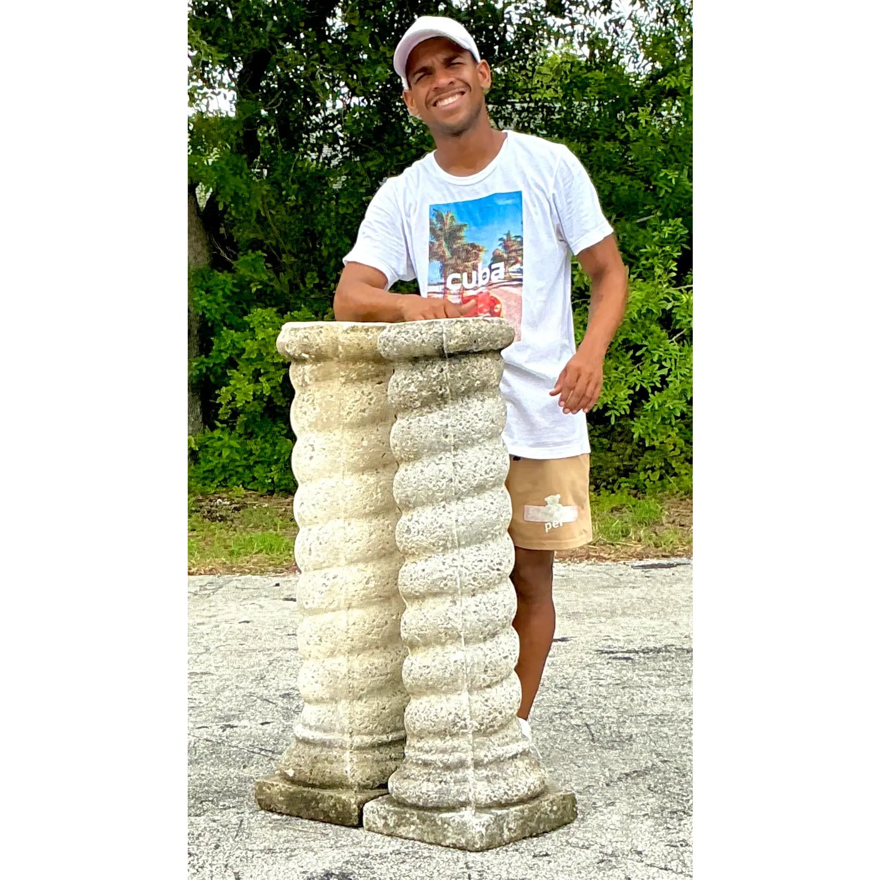 Vintage Regency Cast Concrete Spiral Columns - a Pair - Side view