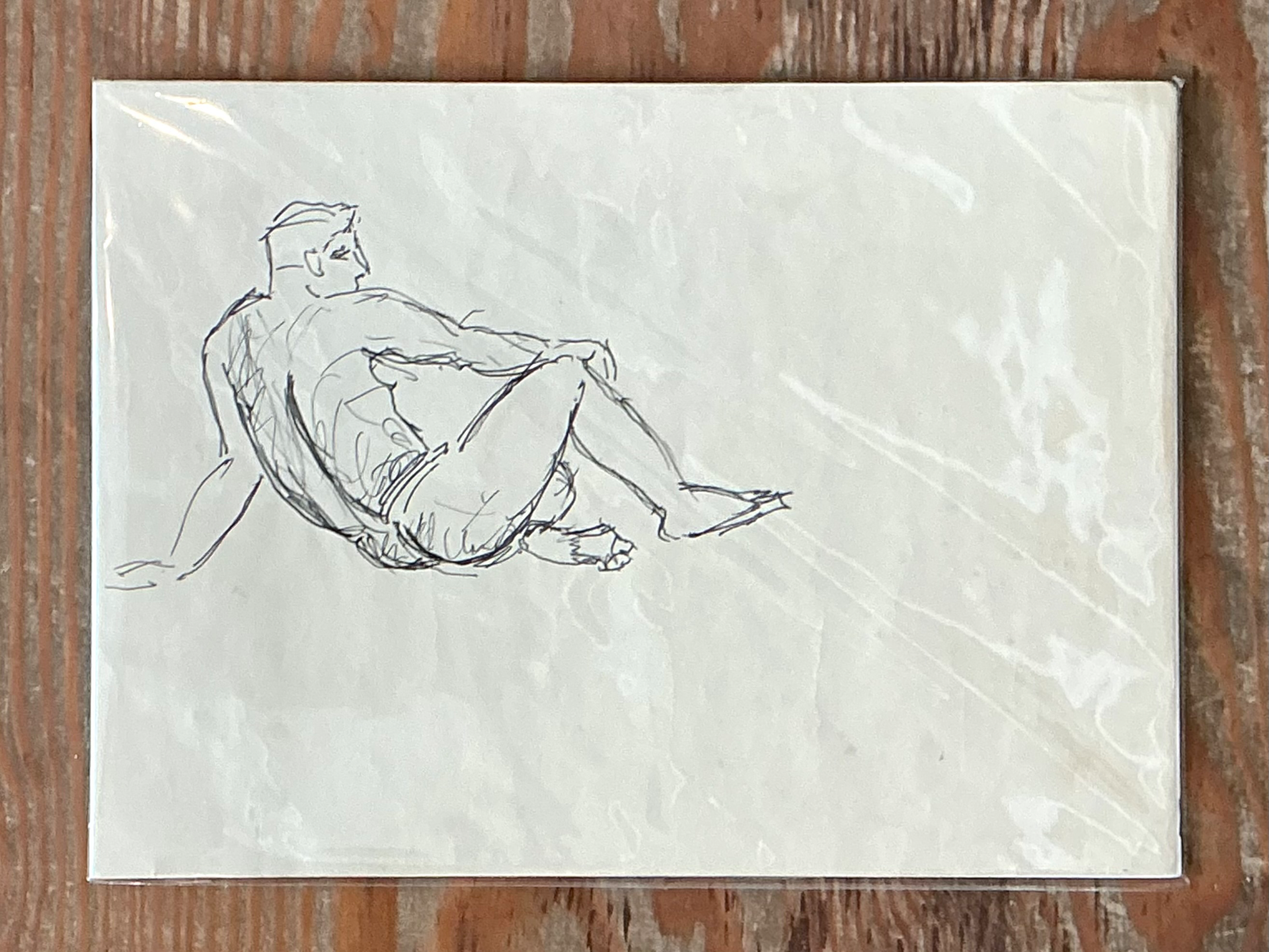 Vintage Ink Drawing of Reclining Male Figure - Detail view