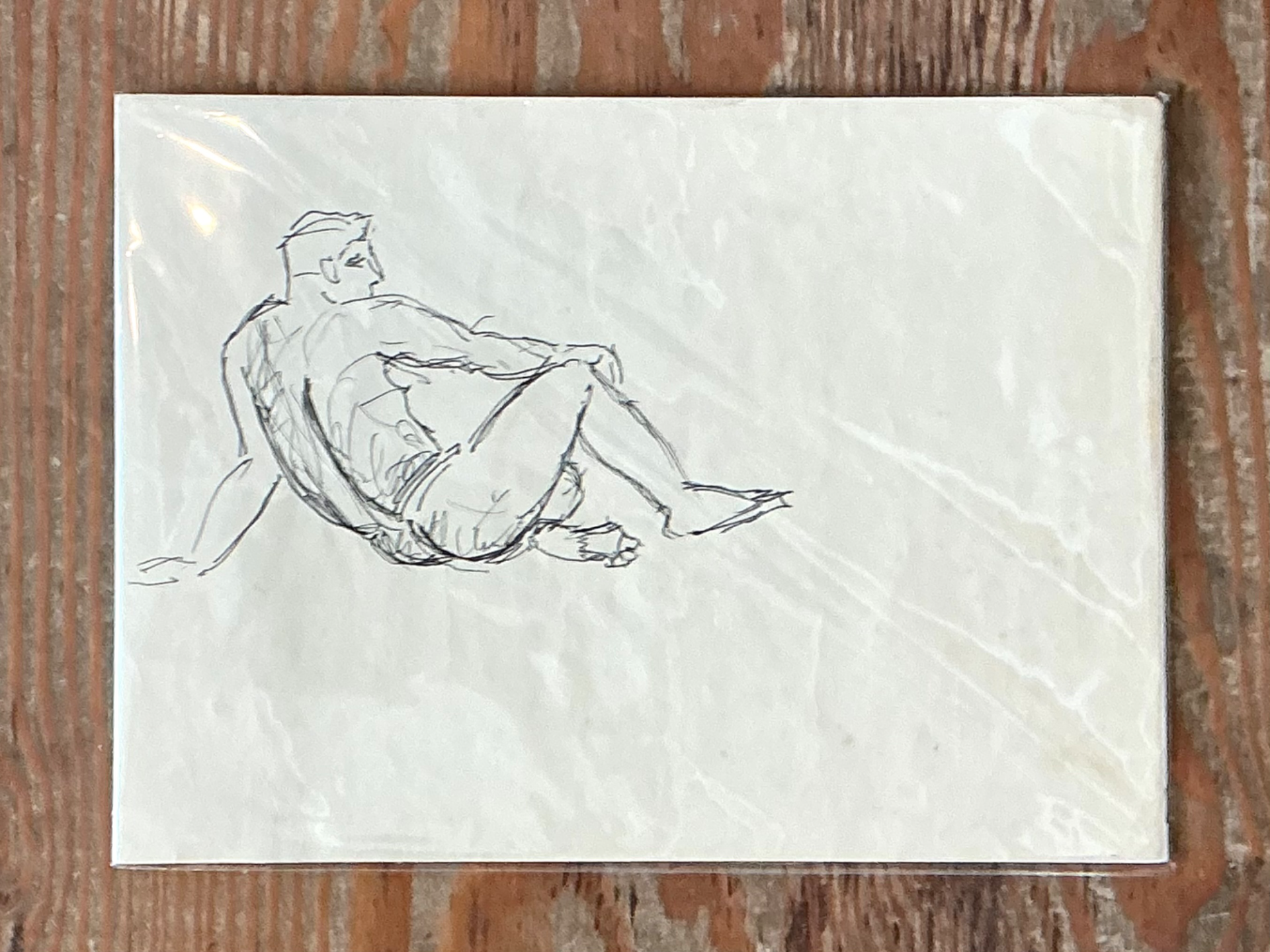 Vintage Ink Drawing of Reclining Male Figure - Back view