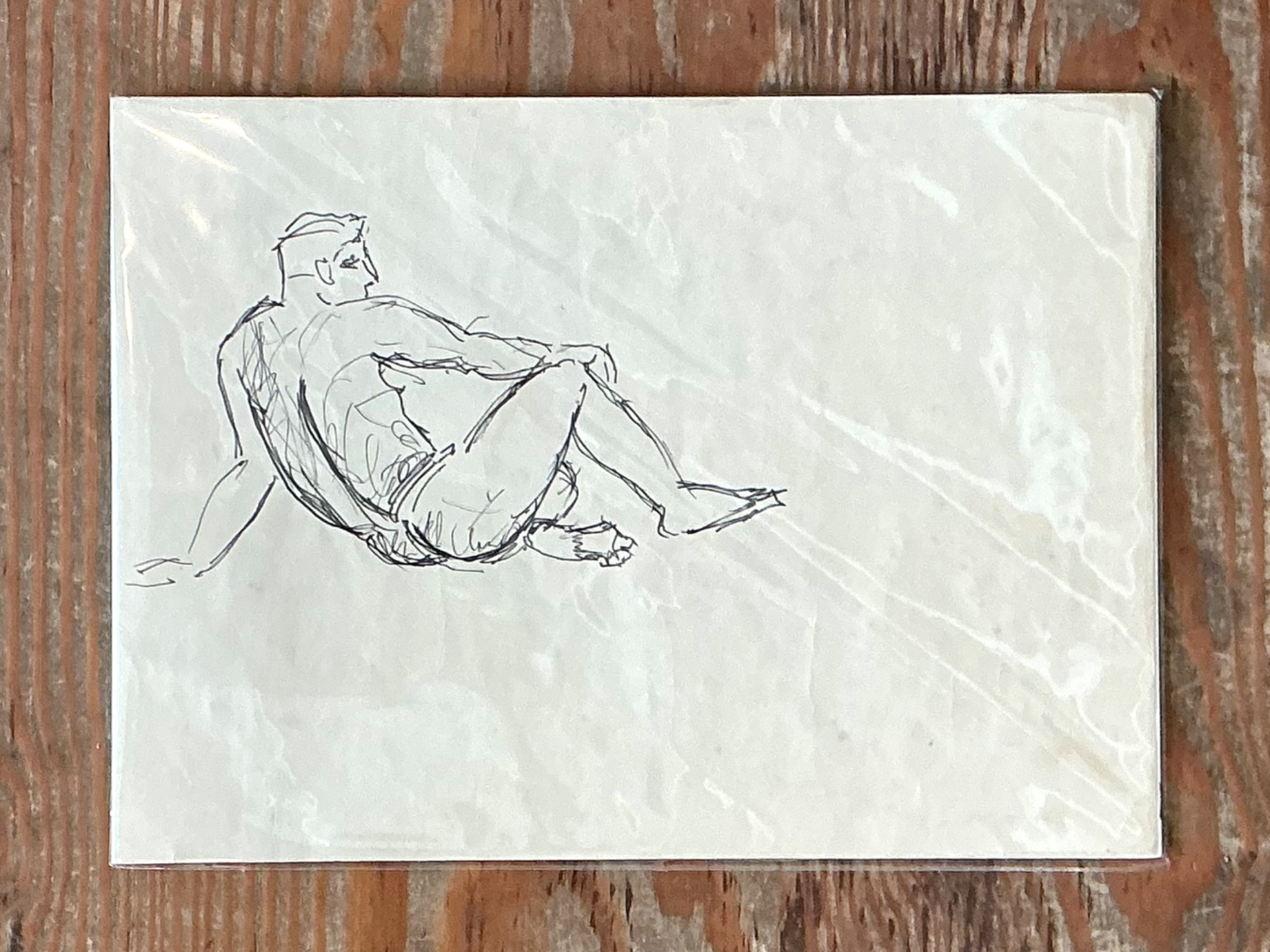 Vintage Ink Drawing of Reclining Male Figure - Top view