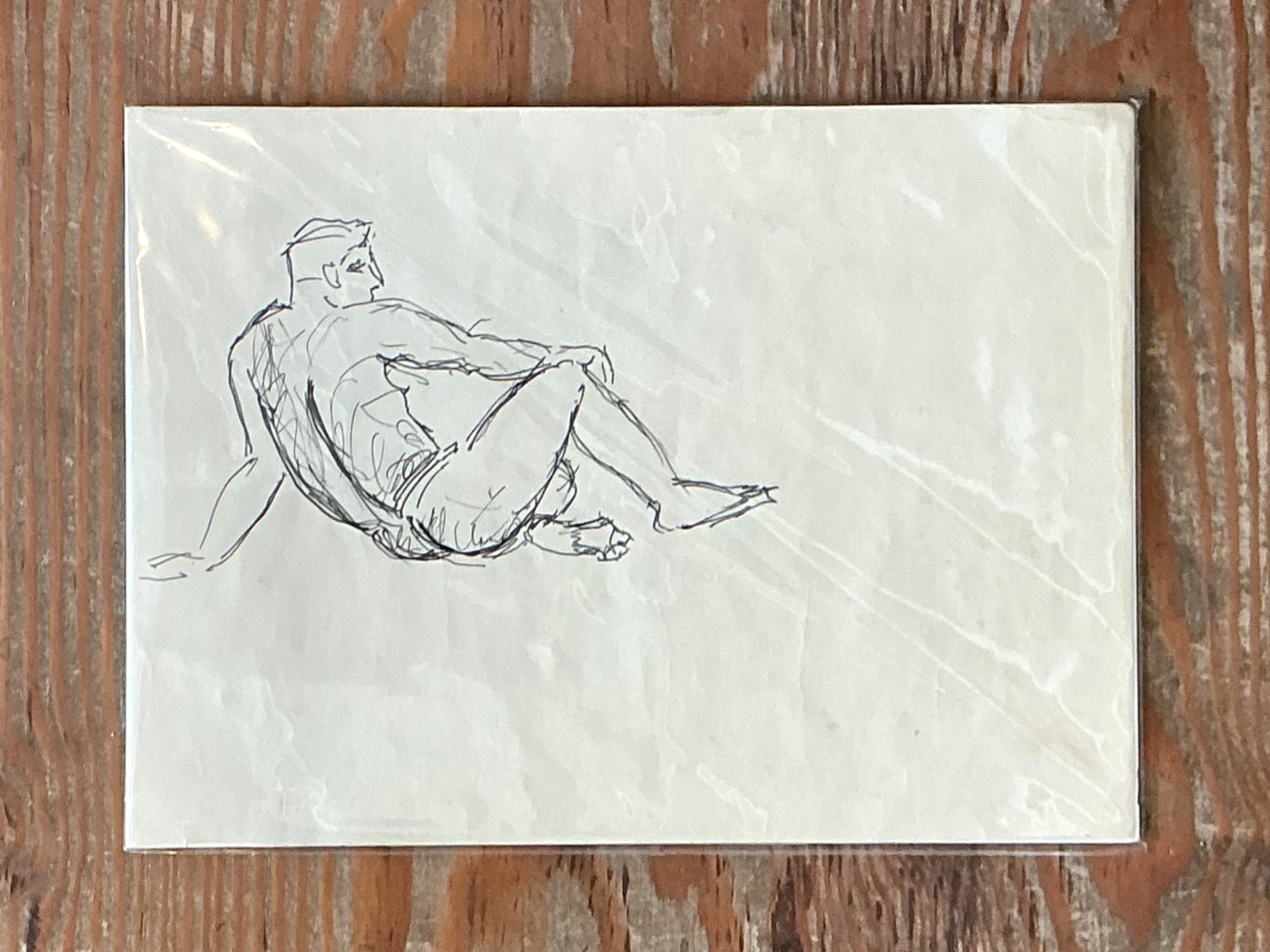 Vintage Ink Drawing of Reclining Male Figure - Side view