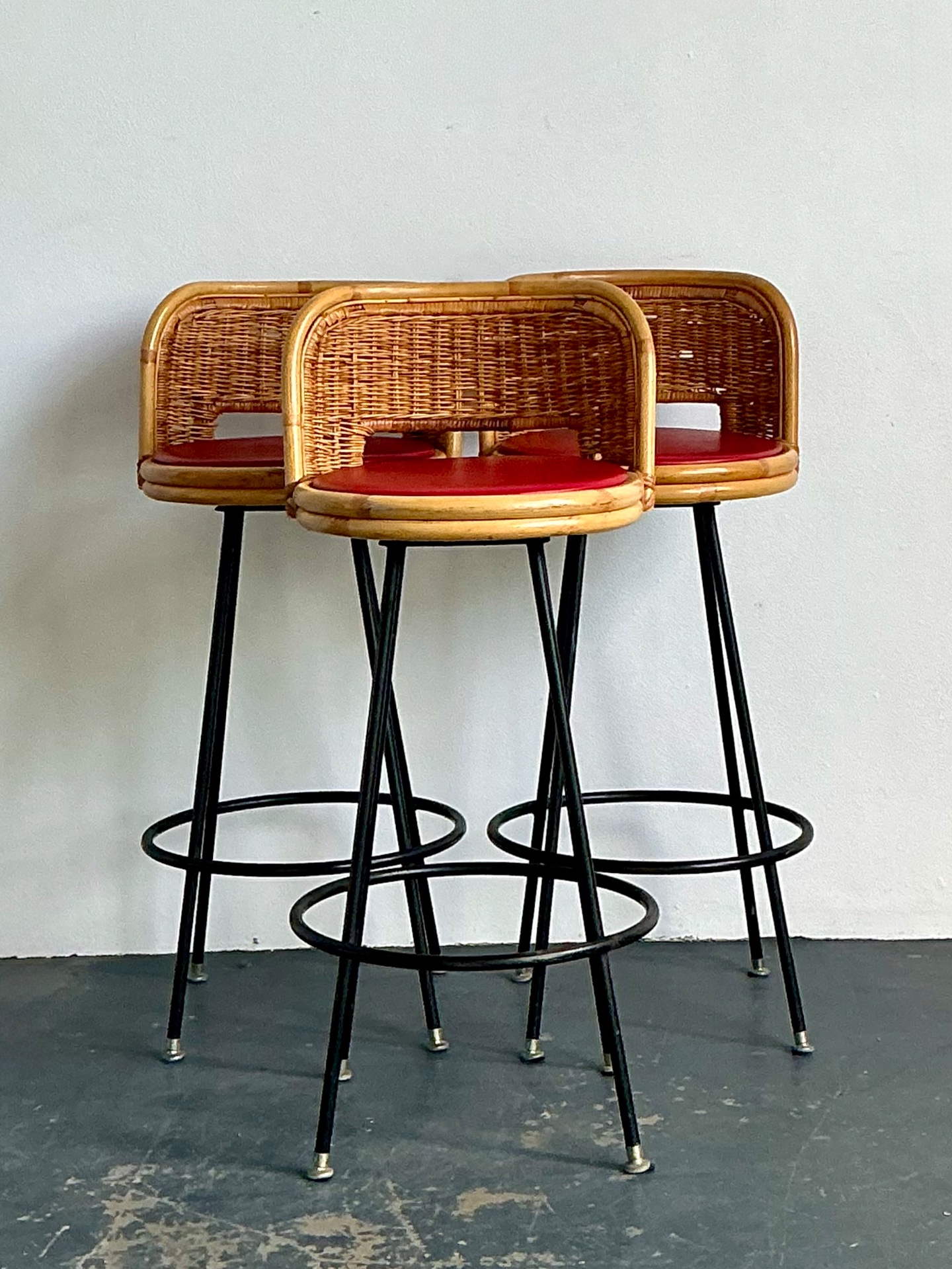 Vintage Rattan and Metal Bar Stools - Set of 3 - Back view