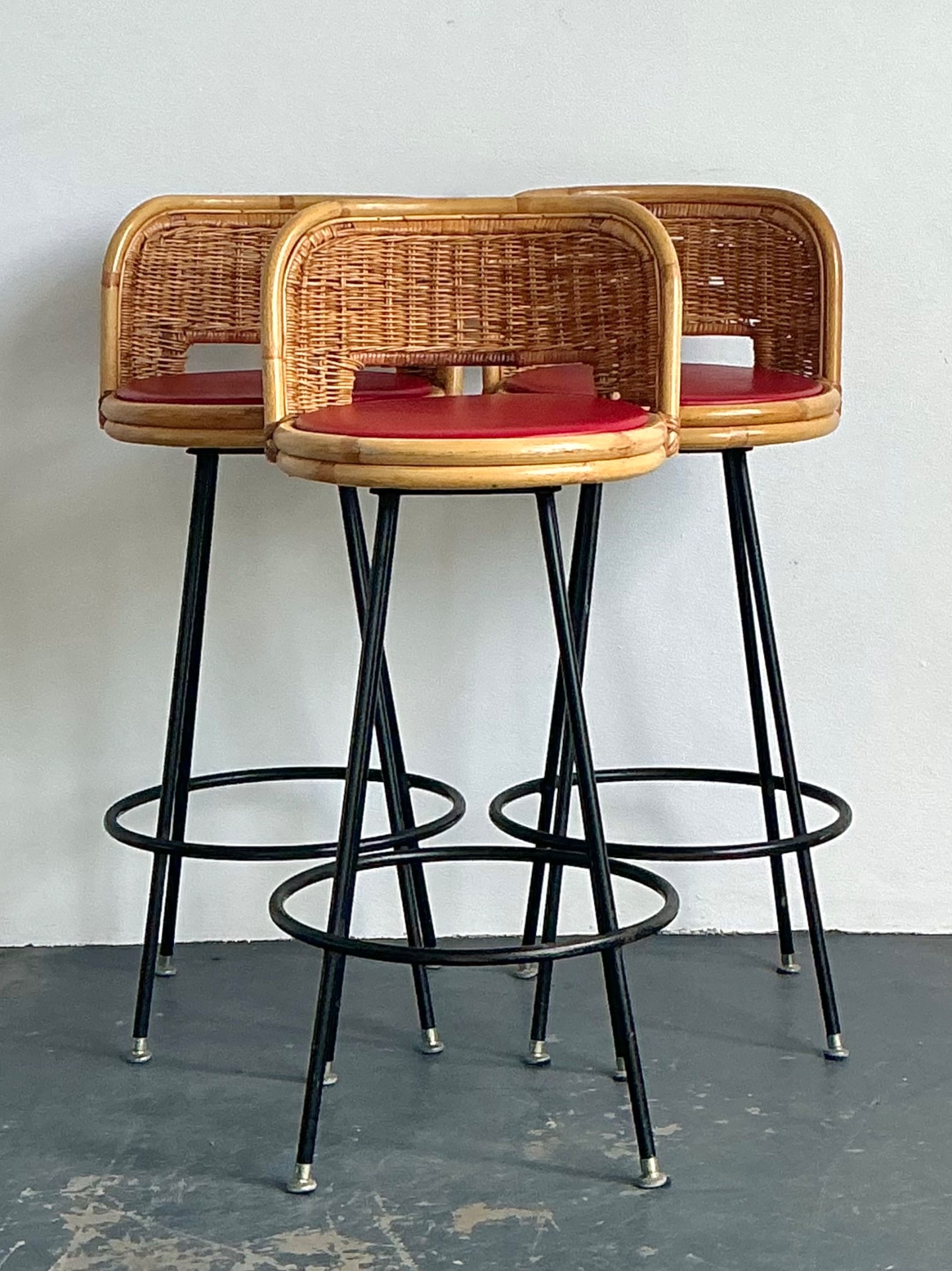 Vintage Rattan and Metal Bar Stools - Set of 3 - Detail view