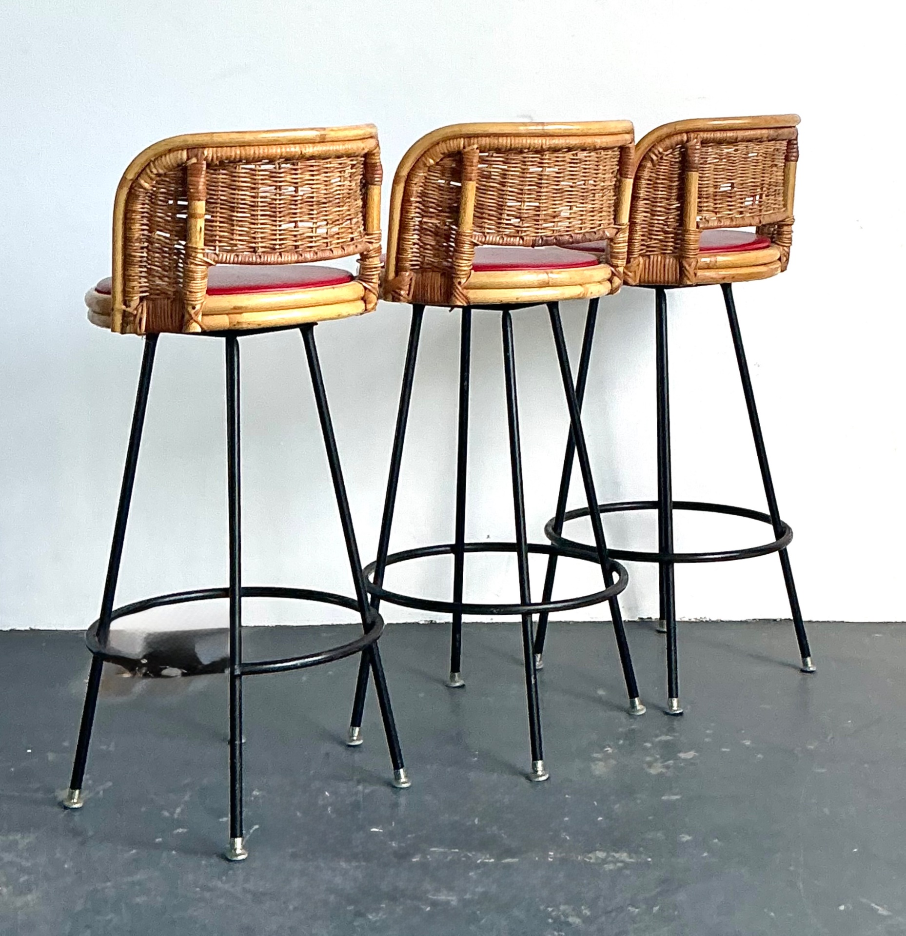 Vintage Rattan and Metal Bar Stools - Set of 3 - Side view