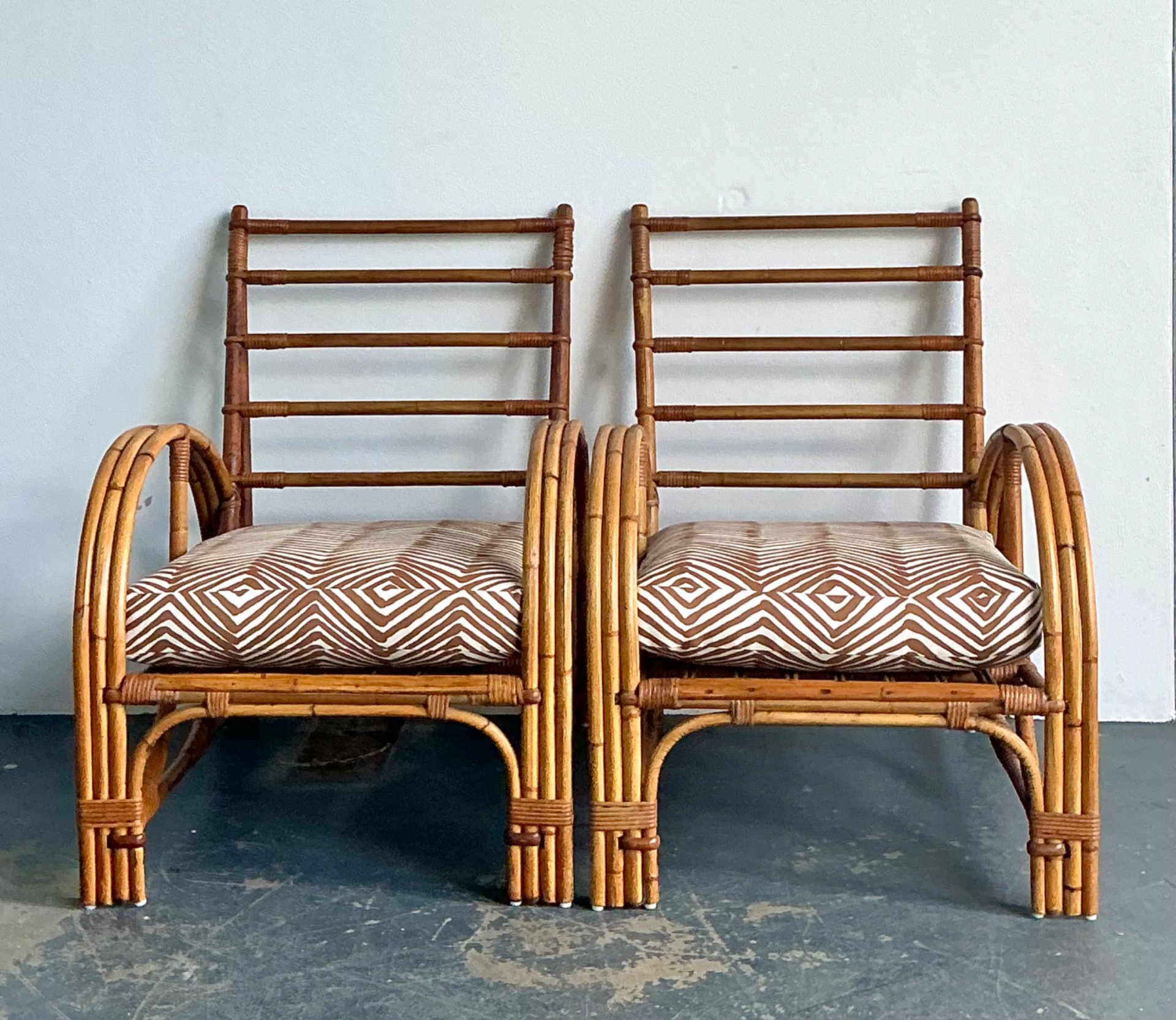 Vintage Rattan Lounge Chairs In Alan Campbell “Zigzag” For Quadrille - A Pair - Back view