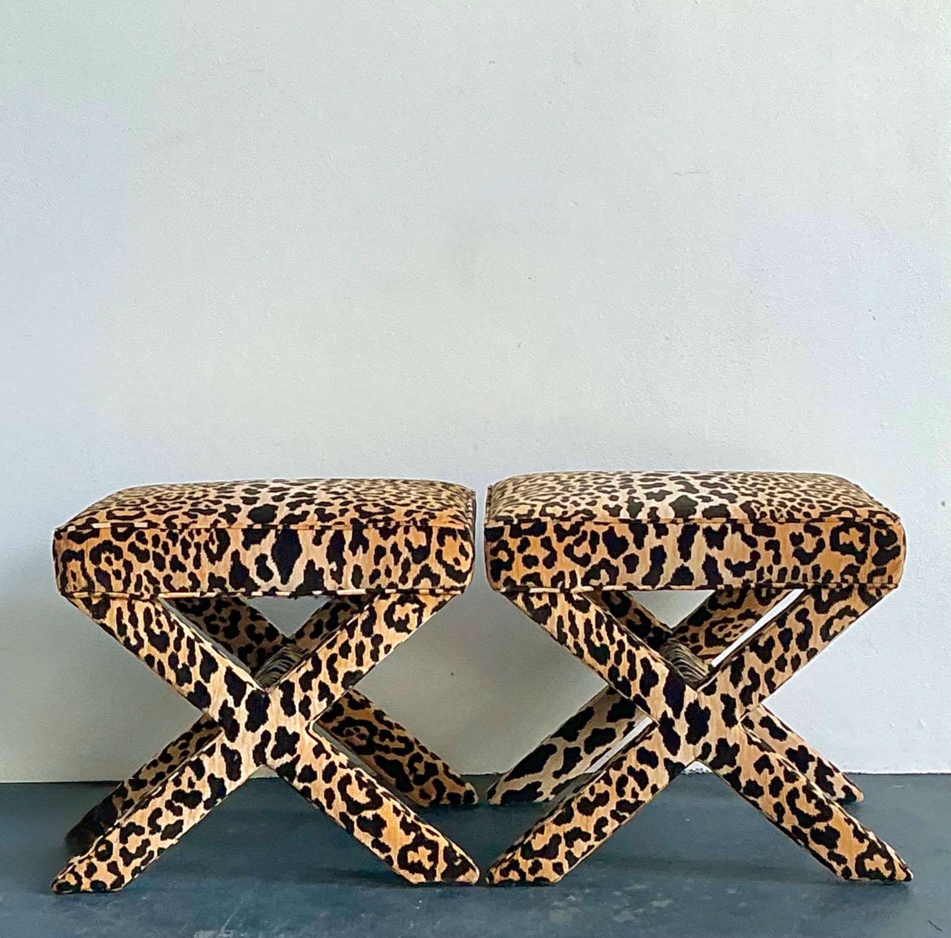 Vintage Leopard Velvet X-Base Stools - A Pair - Back view