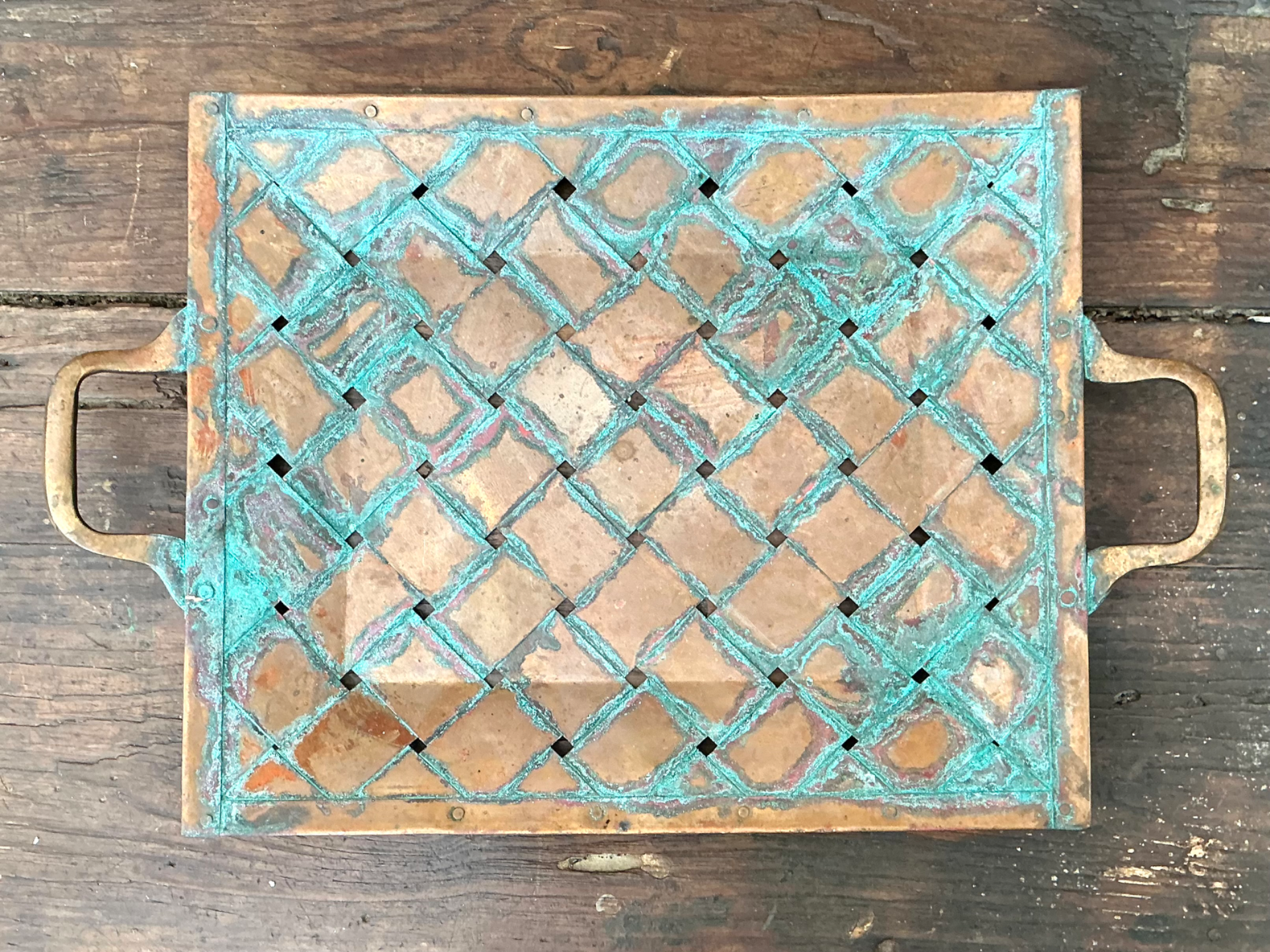 Vintage Patinated Copper Lattice Tray - Side view