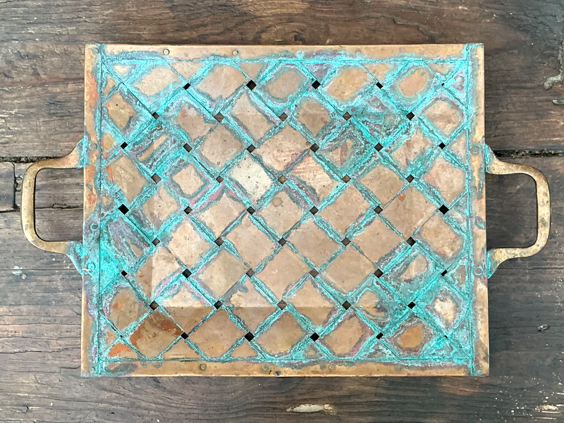 Vintage Patinated Copper Lattice Tray - Detail view