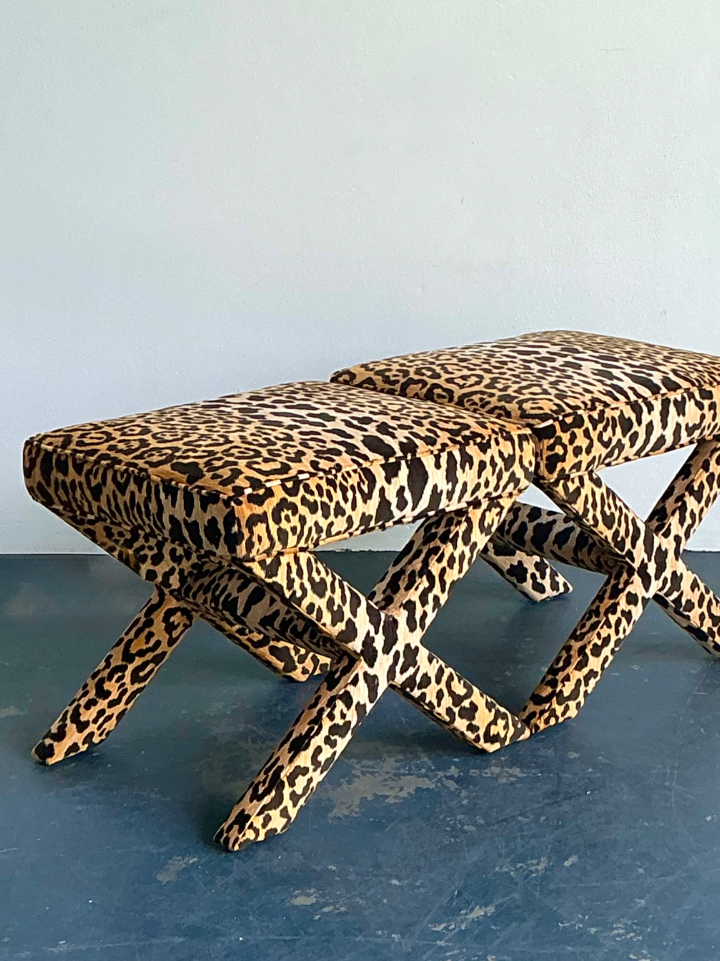 Vintage Leopard Velvet X-Base Stools - A Pair - Top view