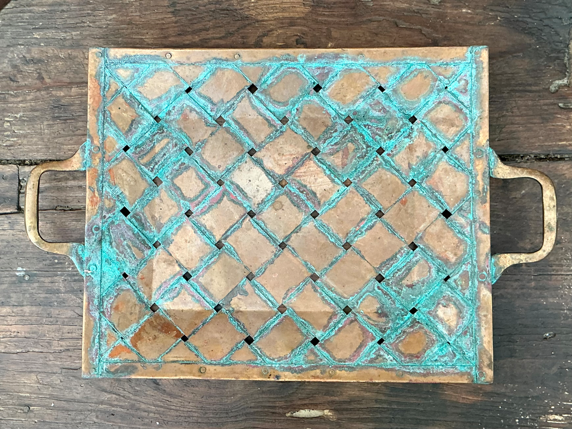 Vintage Patinated Copper Lattice Tray - Back view
