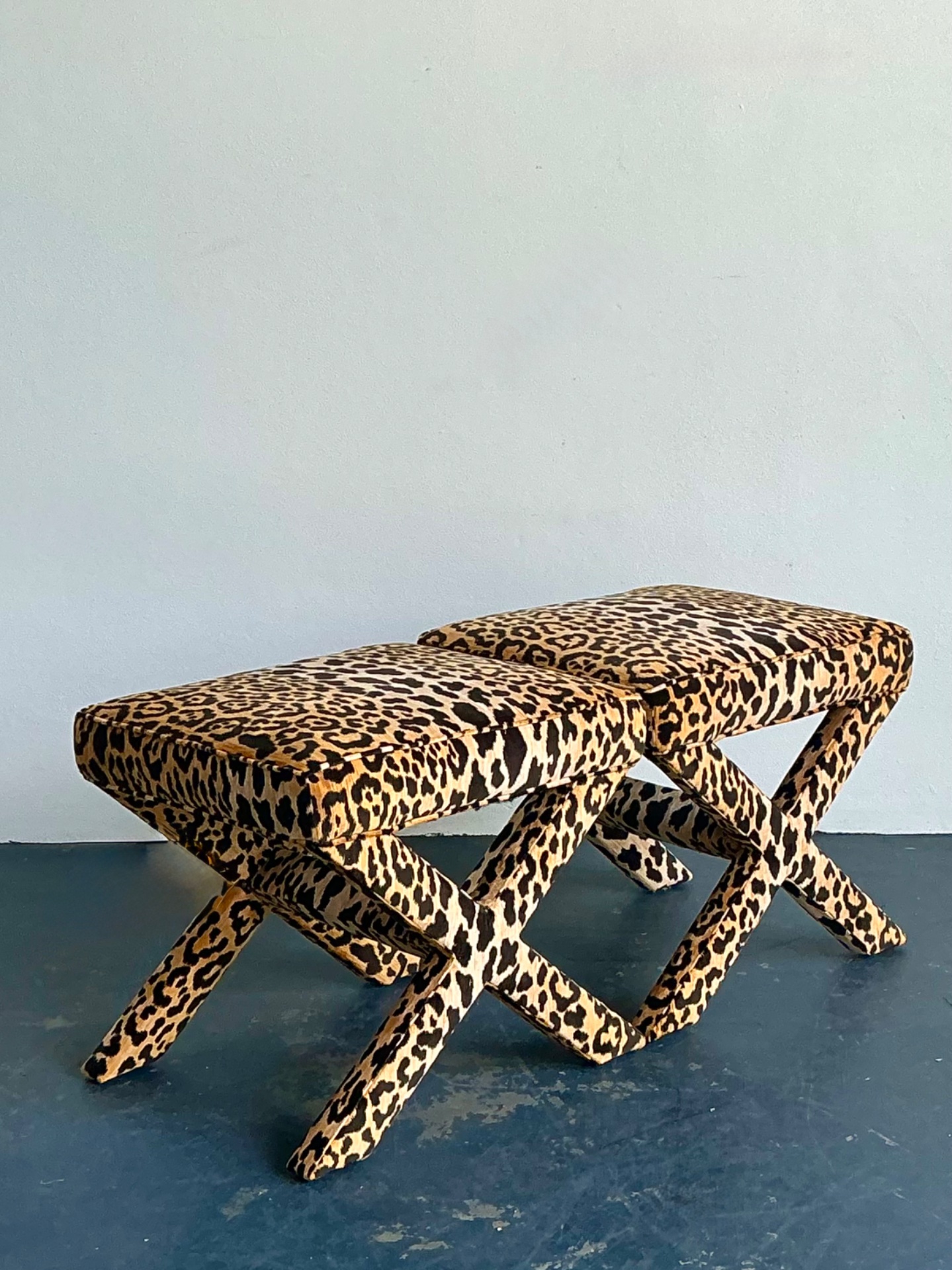 Vintage Leopard Velvet X-Base Stools - A Pair - Side view