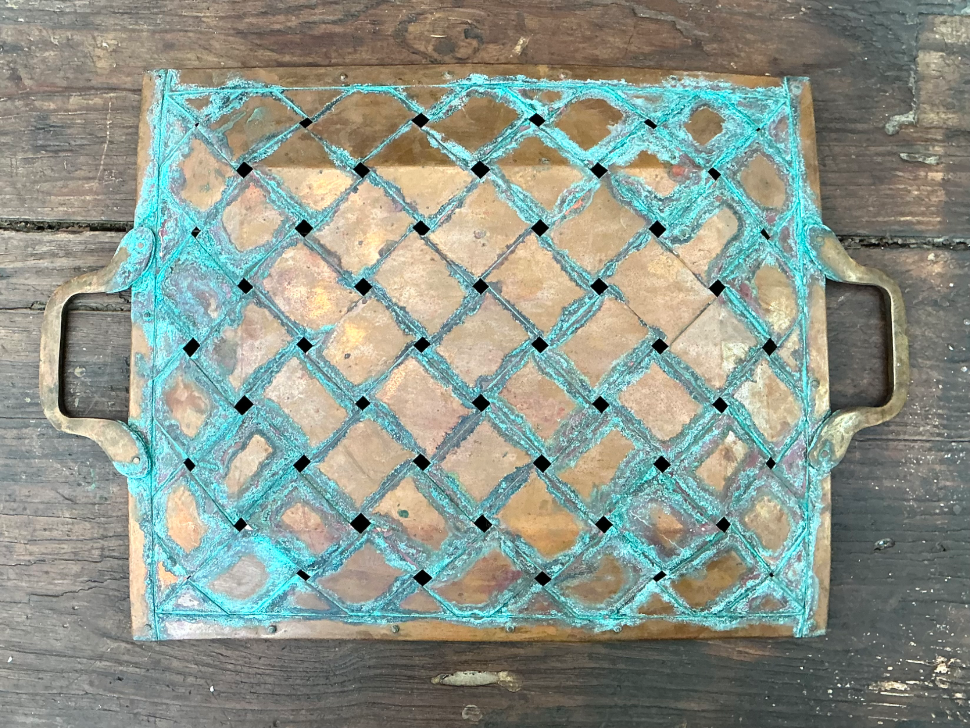 Vintage Patinated Copper Lattice Tray - Top view