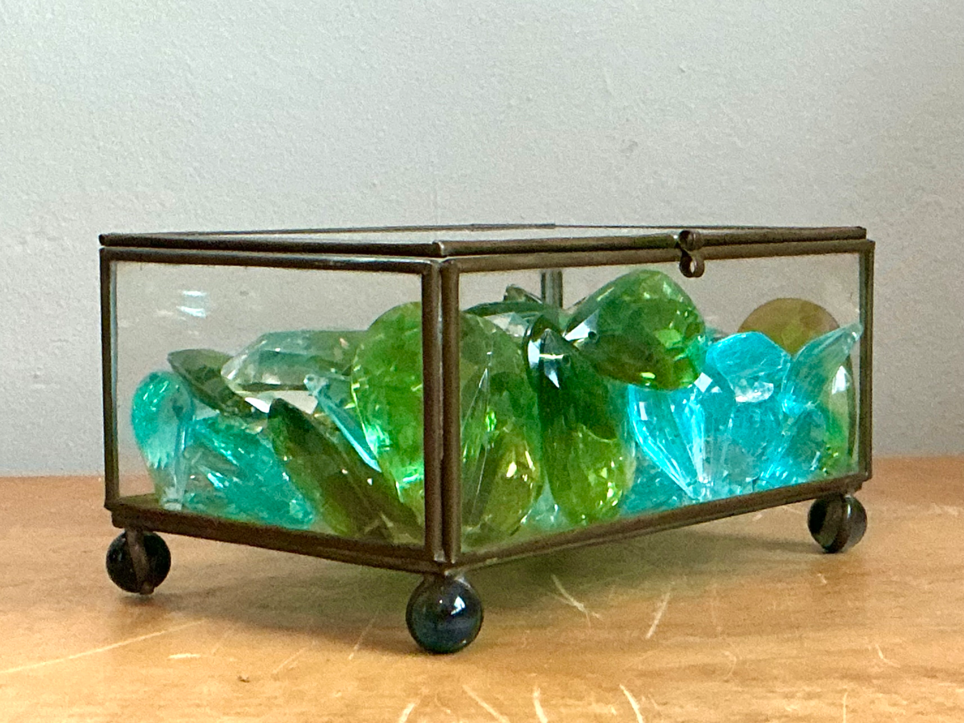 Retro Glass Display Box with Crystal And Resin Prisms - Side view