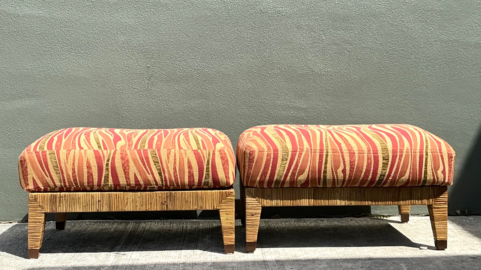 Vintage McGuire “St Germaine” Woven Rattan Ottomans - A Pair - Back view