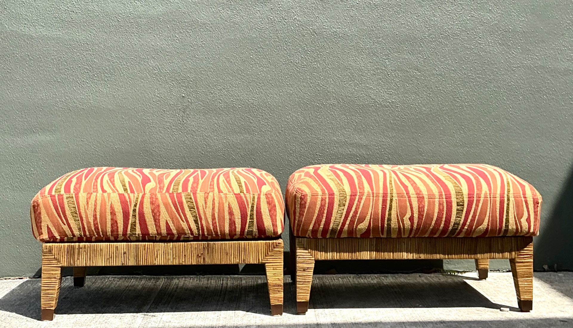 Vintage McGuire “St Germaine” Woven Rattan Ottomans - A Pair - Detail view