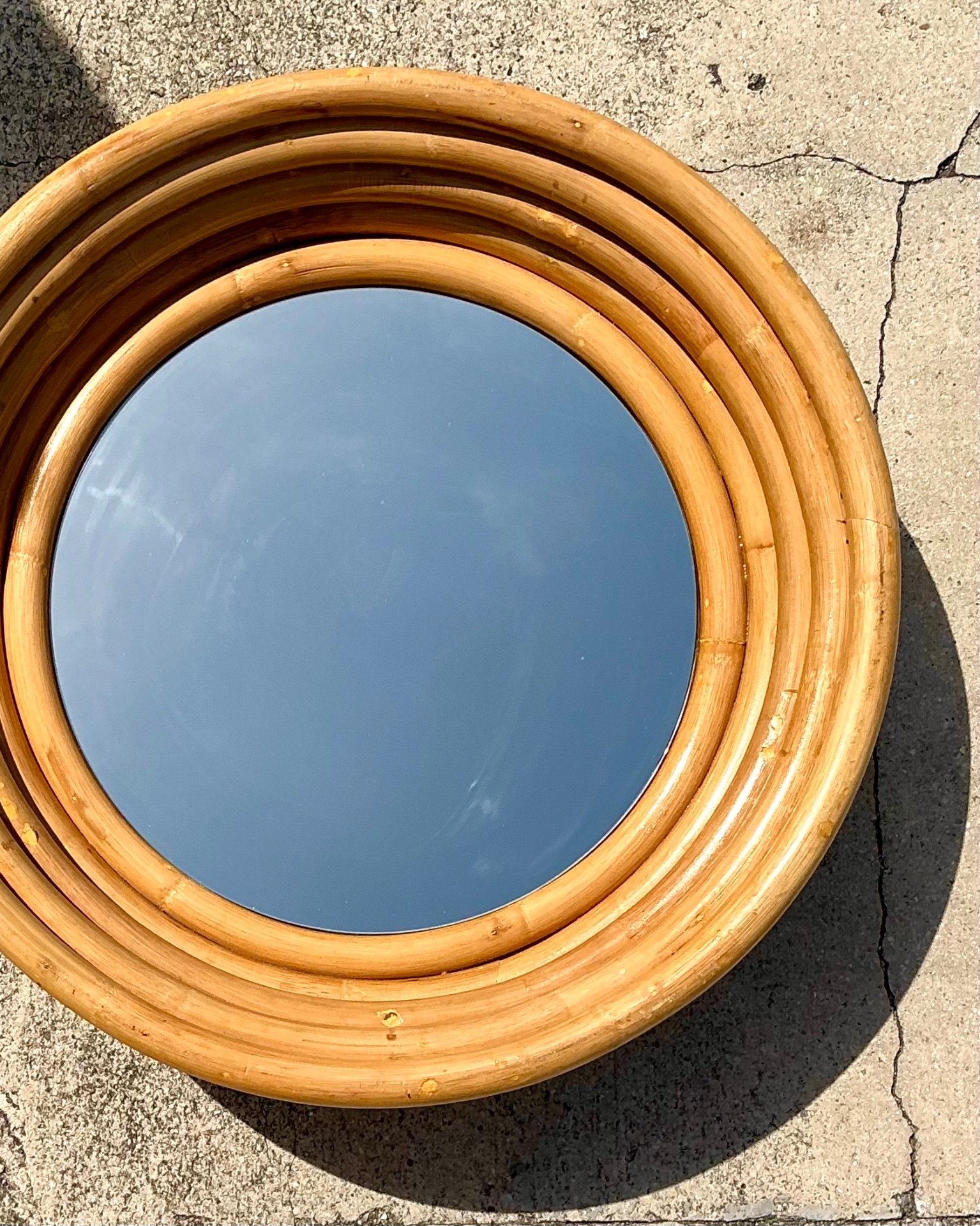 Vintage Stacked Rattan Porthole Mirror - Side view