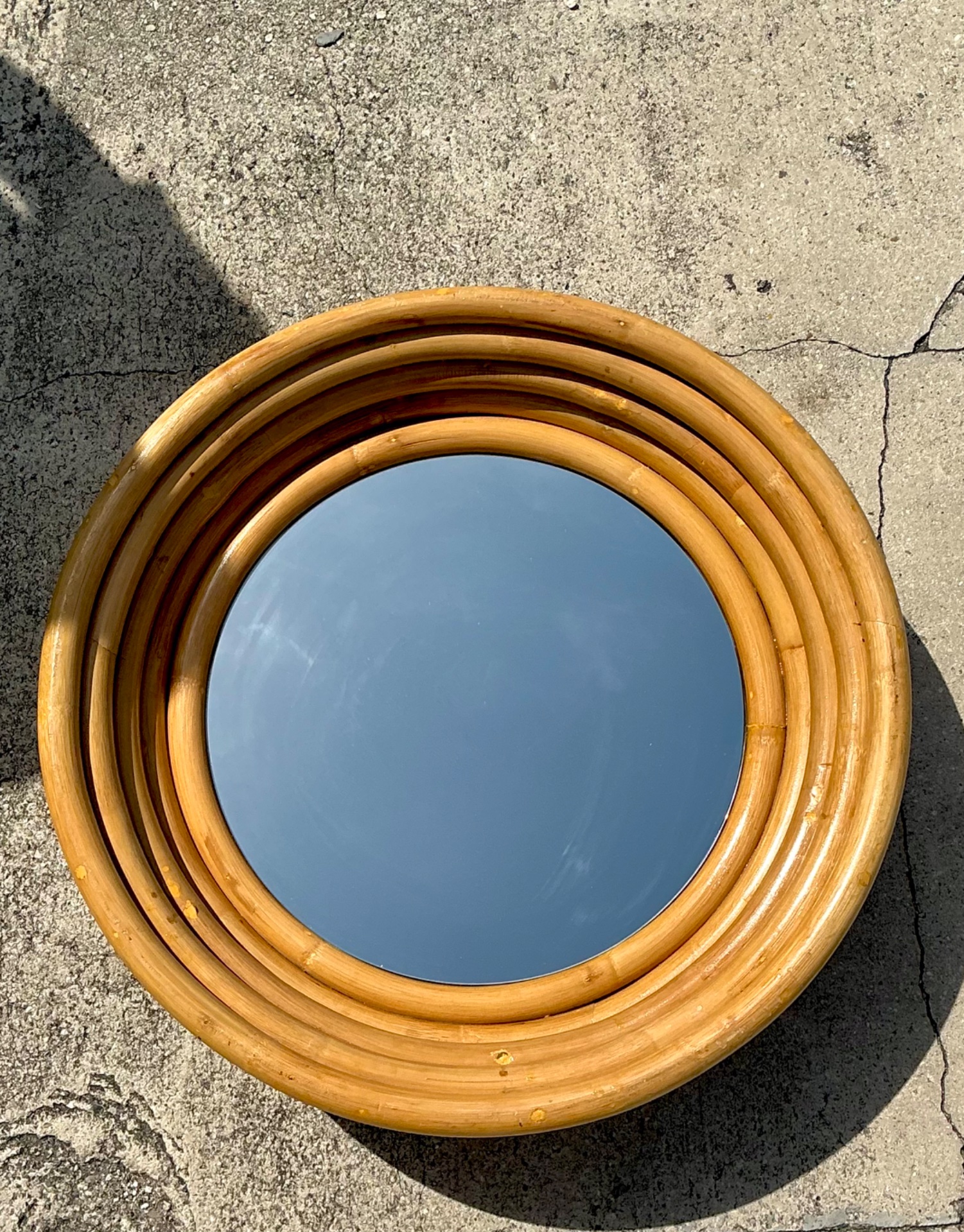 Vintage Stacked Rattan Porthole Mirror - Back view