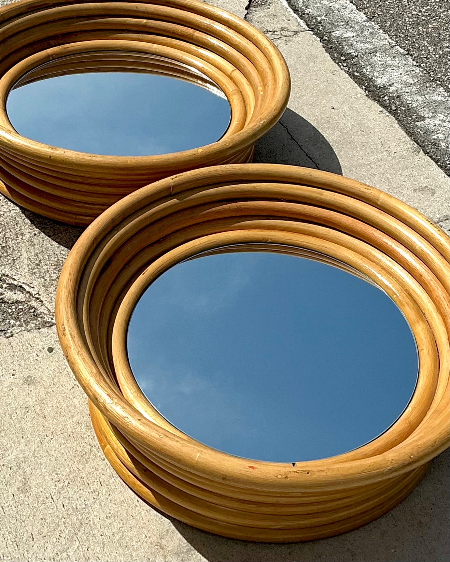 Vintage Stacked Rattan Porthole Mirror - Detail view