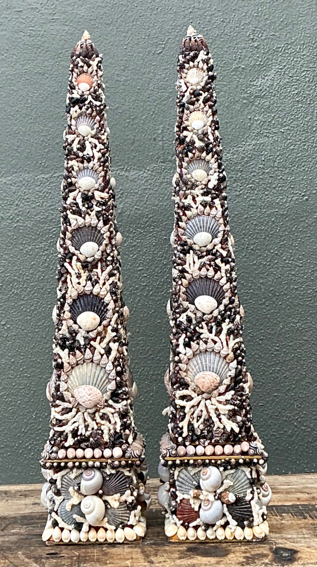 Vintage Shell Encrusted Obelisks - A Pair - Side view
