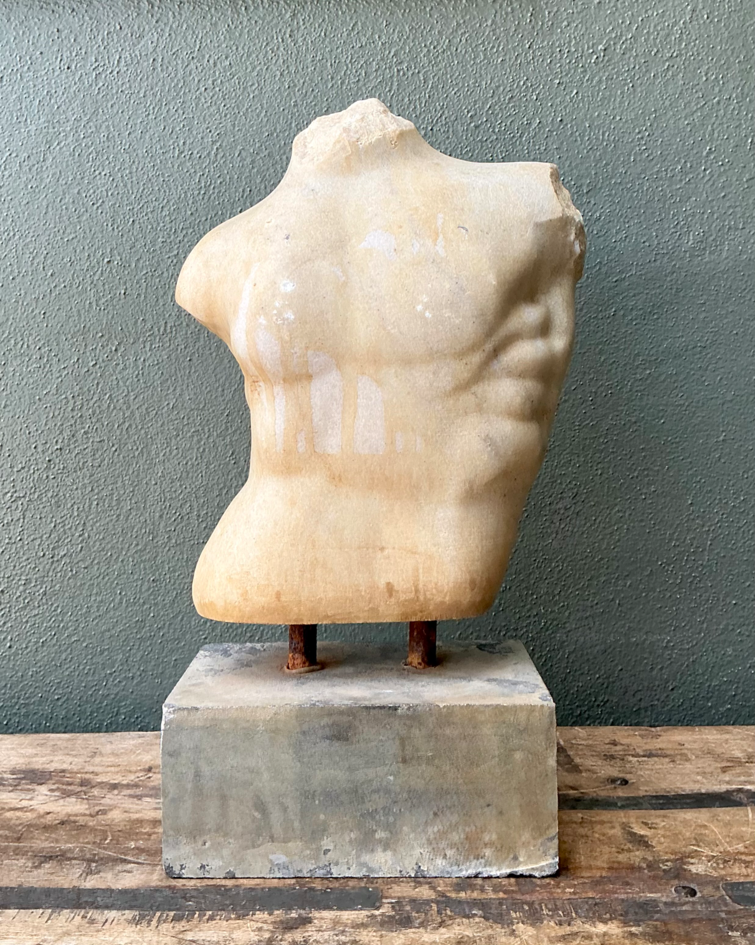 Vintage Stone Torso Sculpture on Cement Base - Side view