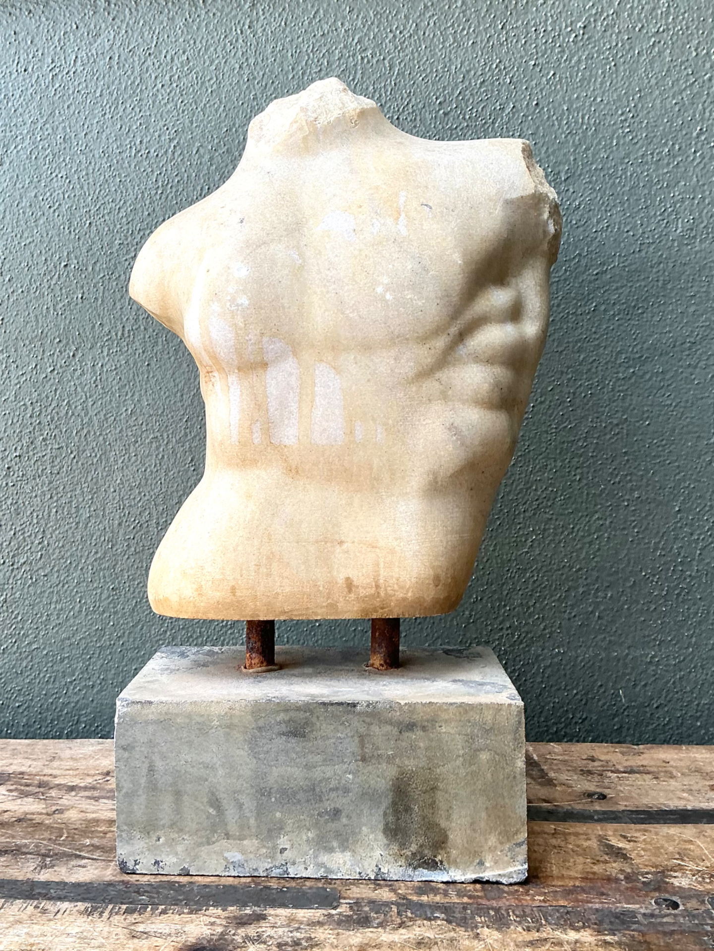 Vintage Stone Torso Sculpture on Cement Base - Top view