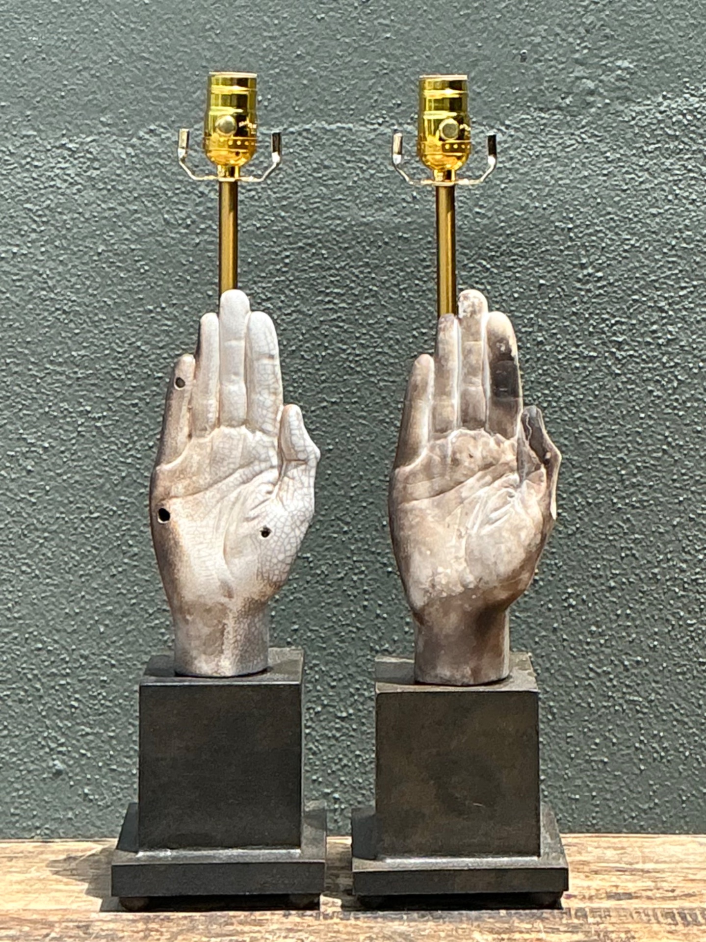 Vintage Ceramic Hand Sculpture Table Lamps - A Pair - Top view