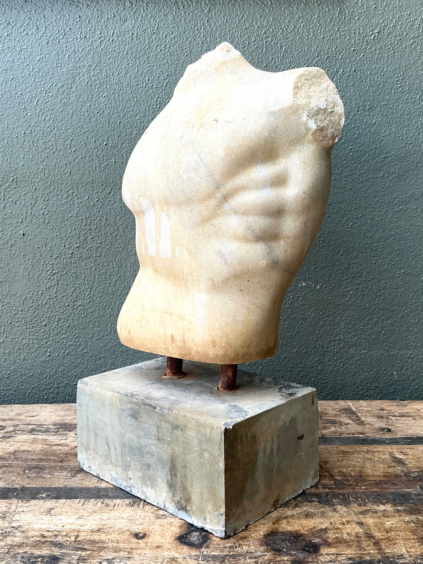 Vintage Stone Torso Sculpture on Cement Base - Detail view