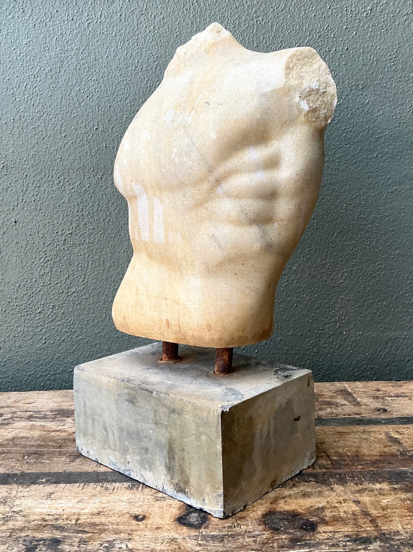 Vintage Stone Torso Sculpture on Cement Base - Back view