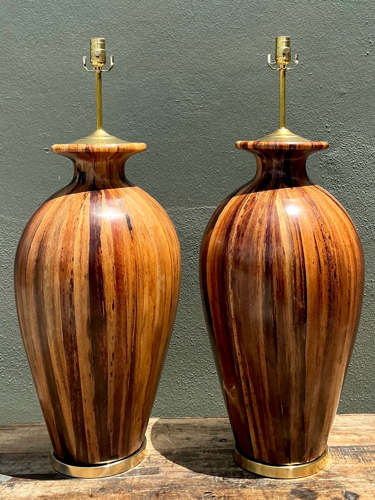 Vintage Striped Wood Table Lamps with Brass Base - Top view