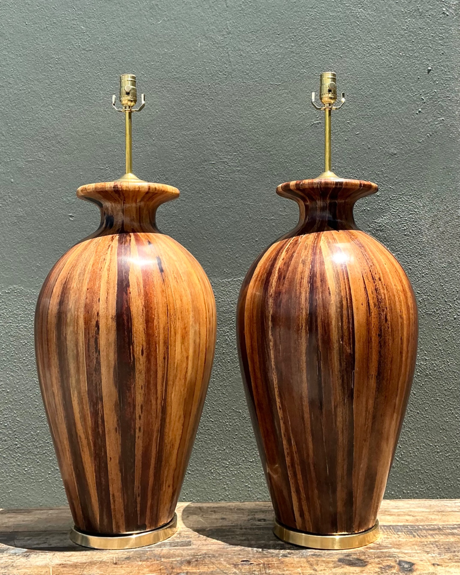 Vintage Striped Wood Table Lamps with Brass Base - Side view