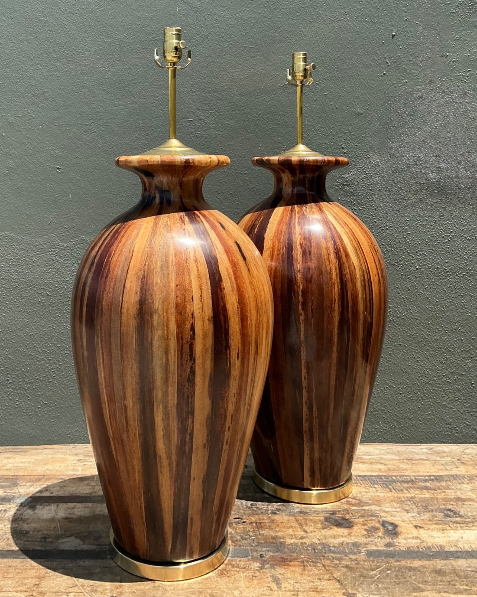Vintage Striped Wood Table Lamps with Brass Base - Detail view