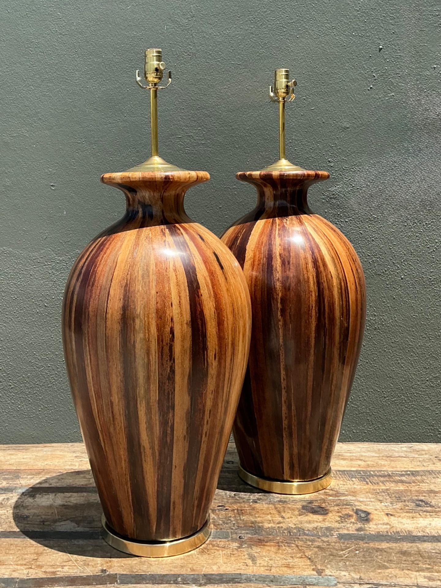 Vintage Striped Wood Table Lamps with Brass Base - Back view