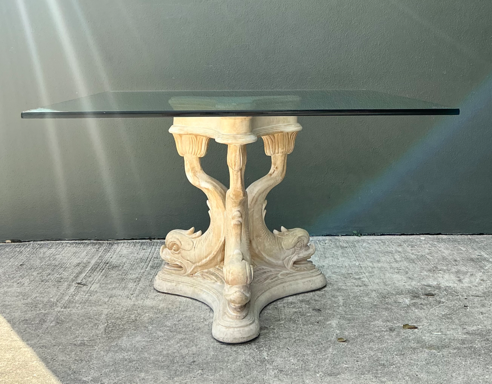 Vintage Plaster Dolphin Base Glass Dining Table - Top view